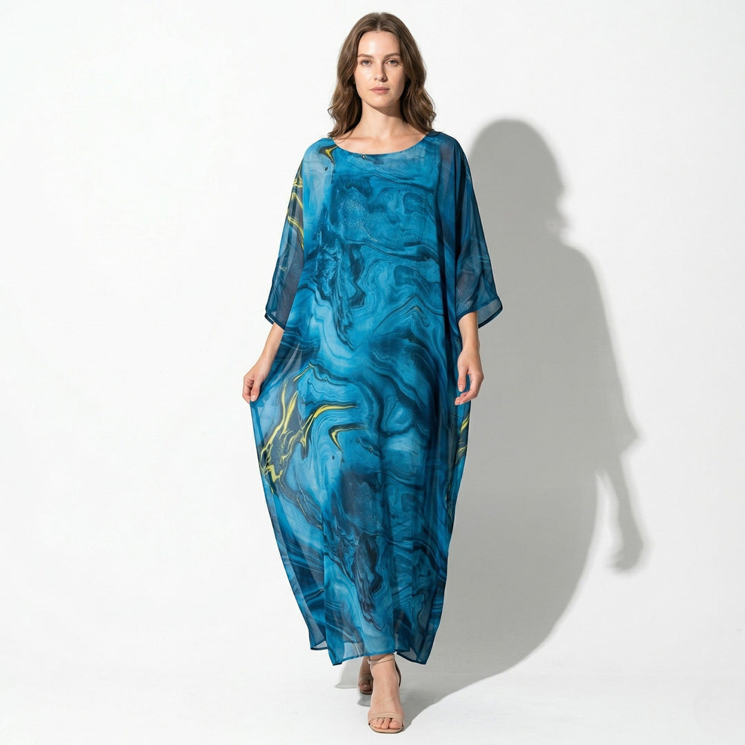 Lara - Women's Relaxed Fit Summer Marble Print Maxi Dress - Maxi Dress - Blue - Davies & Cooper