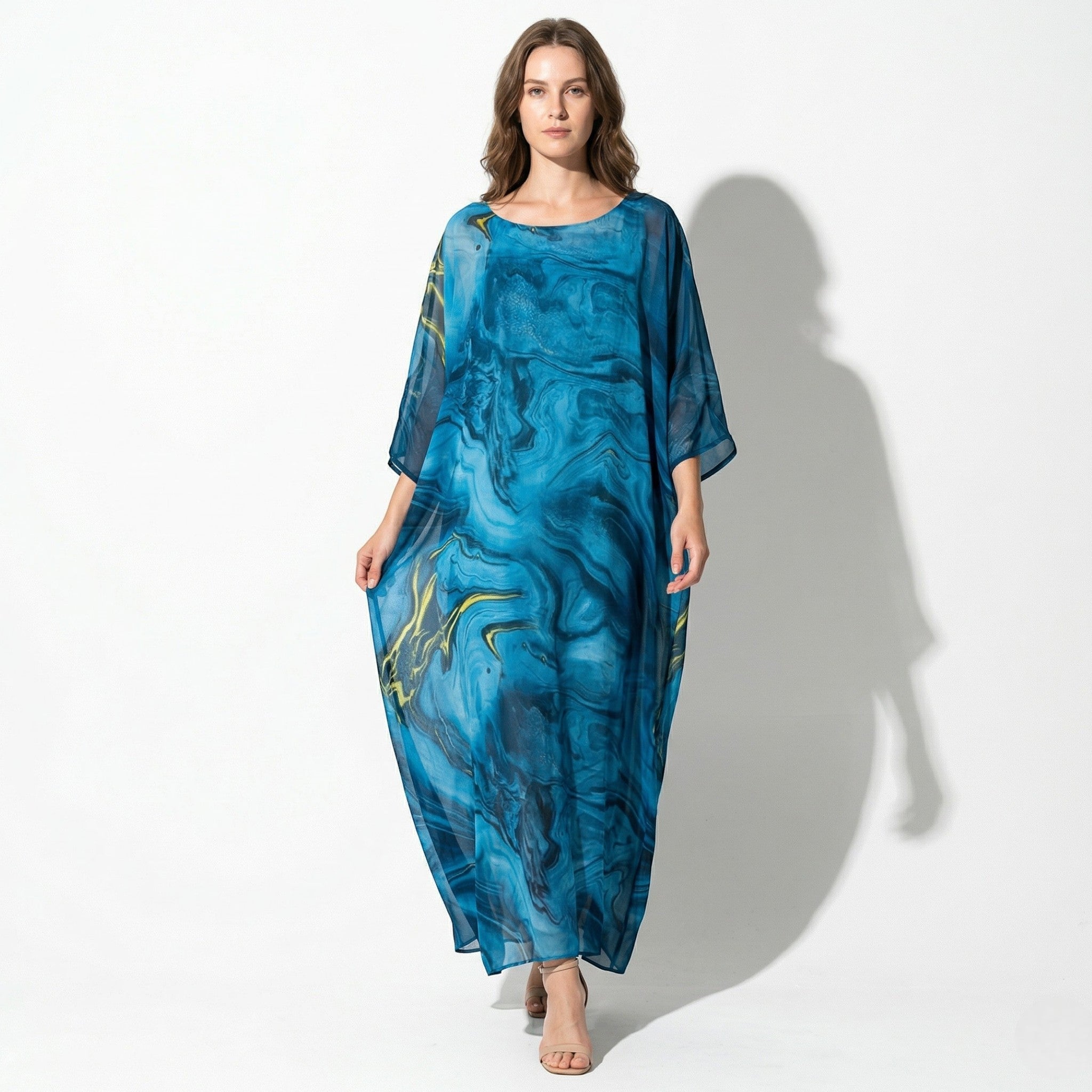 Lara - Women's Relaxed Fit Summer Marble Print Maxi Dress - Maxi Dress - Blue - Davies & Cooper