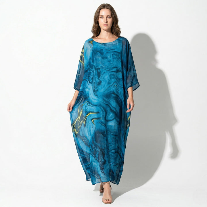Lara - Women's Relaxed Fit Summer Marble Print Maxi Dress - Maxi Dress - Blue - Davies & Cooper