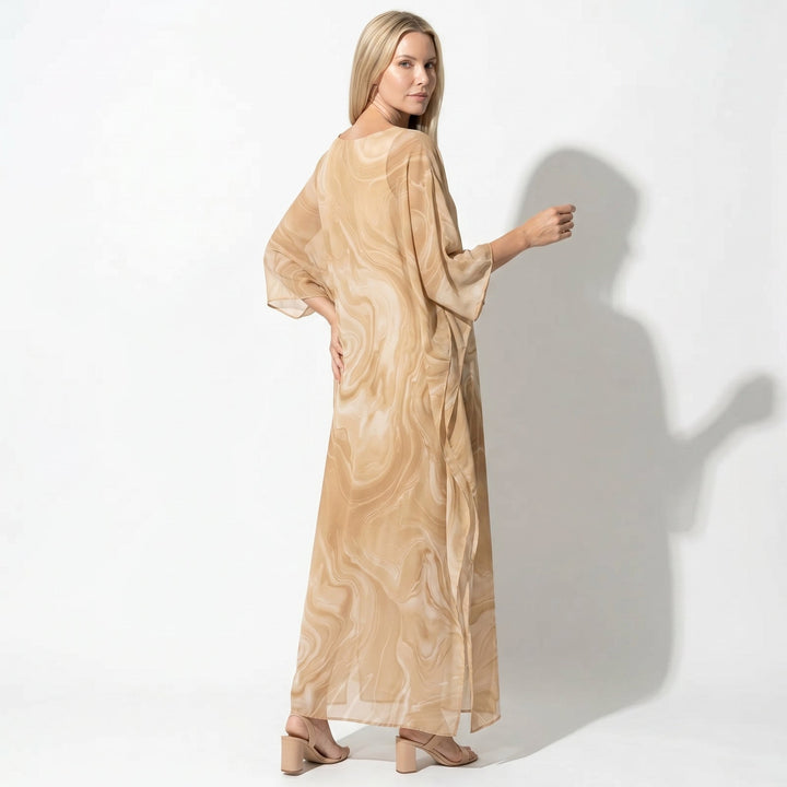 Lara - Women's Relaxed Fit Summer Marble Print Maxi Dress - Maxi Dress - Yellow - Davies & Cooper