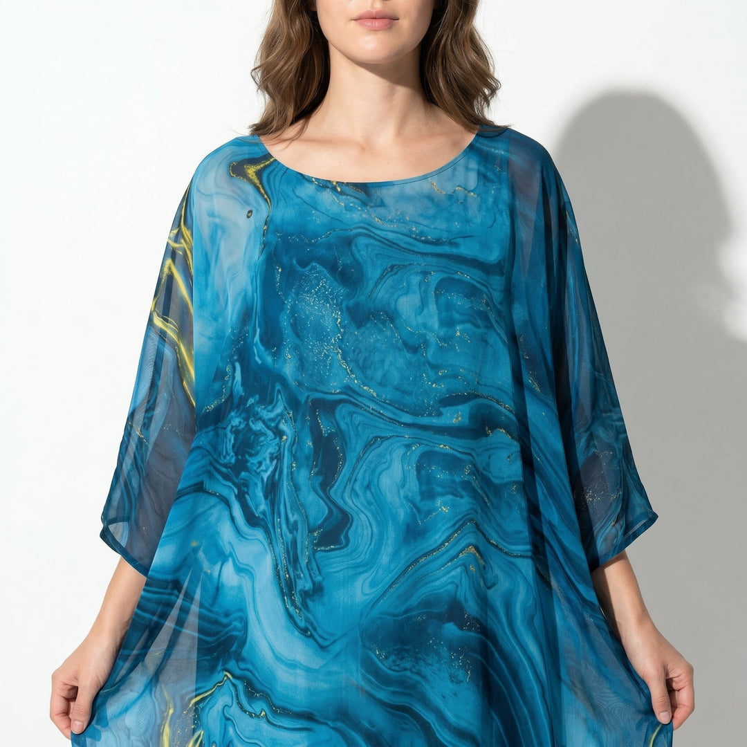 Lara - Women's Relaxed Fit Summer Marble Print Maxi Dress - Maxi Dress - Blue - Davies & Cooper