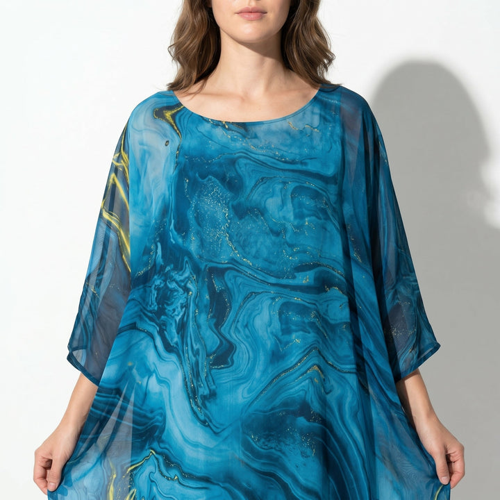 Lara - Women's Relaxed Fit Summer Marble Print Maxi Dress - Maxi Dress - Blue - Davies & Cooper