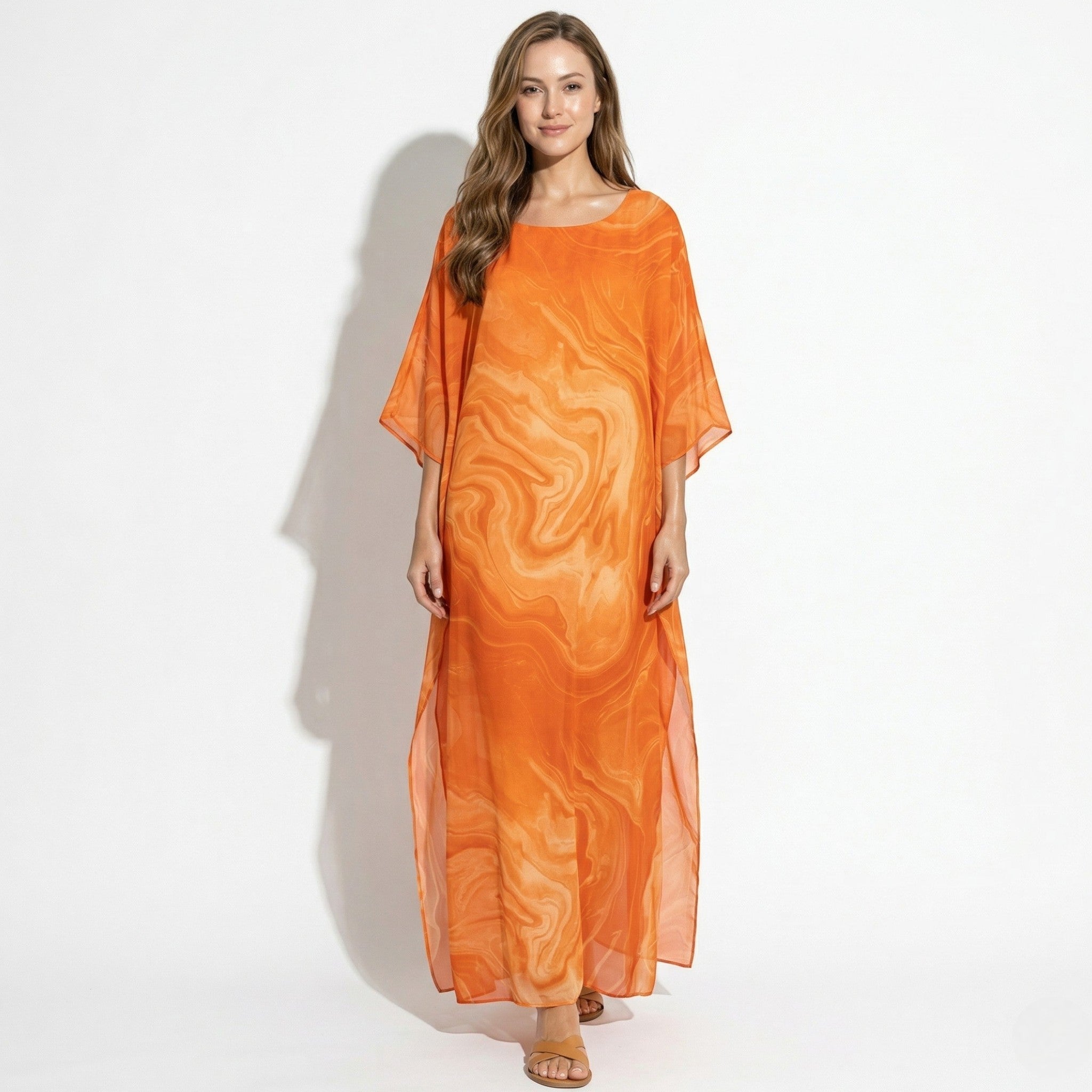 Lara - Women's Relaxed Fit Summer Marble Print Maxi Dress - Maxi Dress - Orange - Davies & Cooper