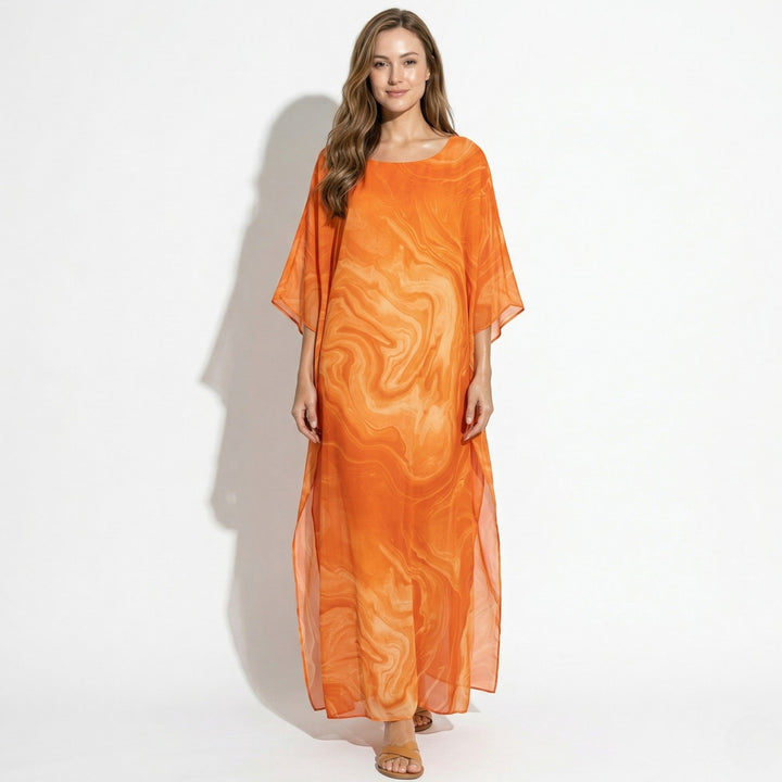 Lara - Women's Relaxed Fit Summer Marble Print Maxi Dress - Maxi Dress - Orange - Davies & Cooper