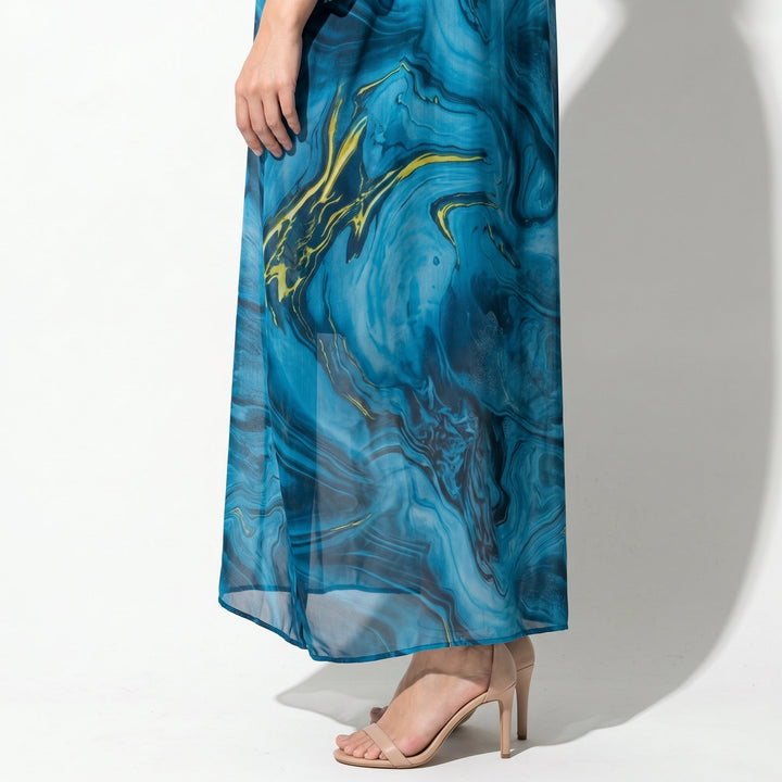 Lara - Women's Relaxed Fit Summer Marble Print Maxi Dress - Maxi Dress - Blue - Davies & Cooper