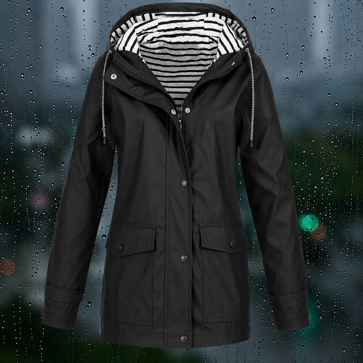 Lea - Women's Hooded Transitional Jacket with Drawstring Hood and Patch Pockets - Rain Coat - Black - Davies & Cooper