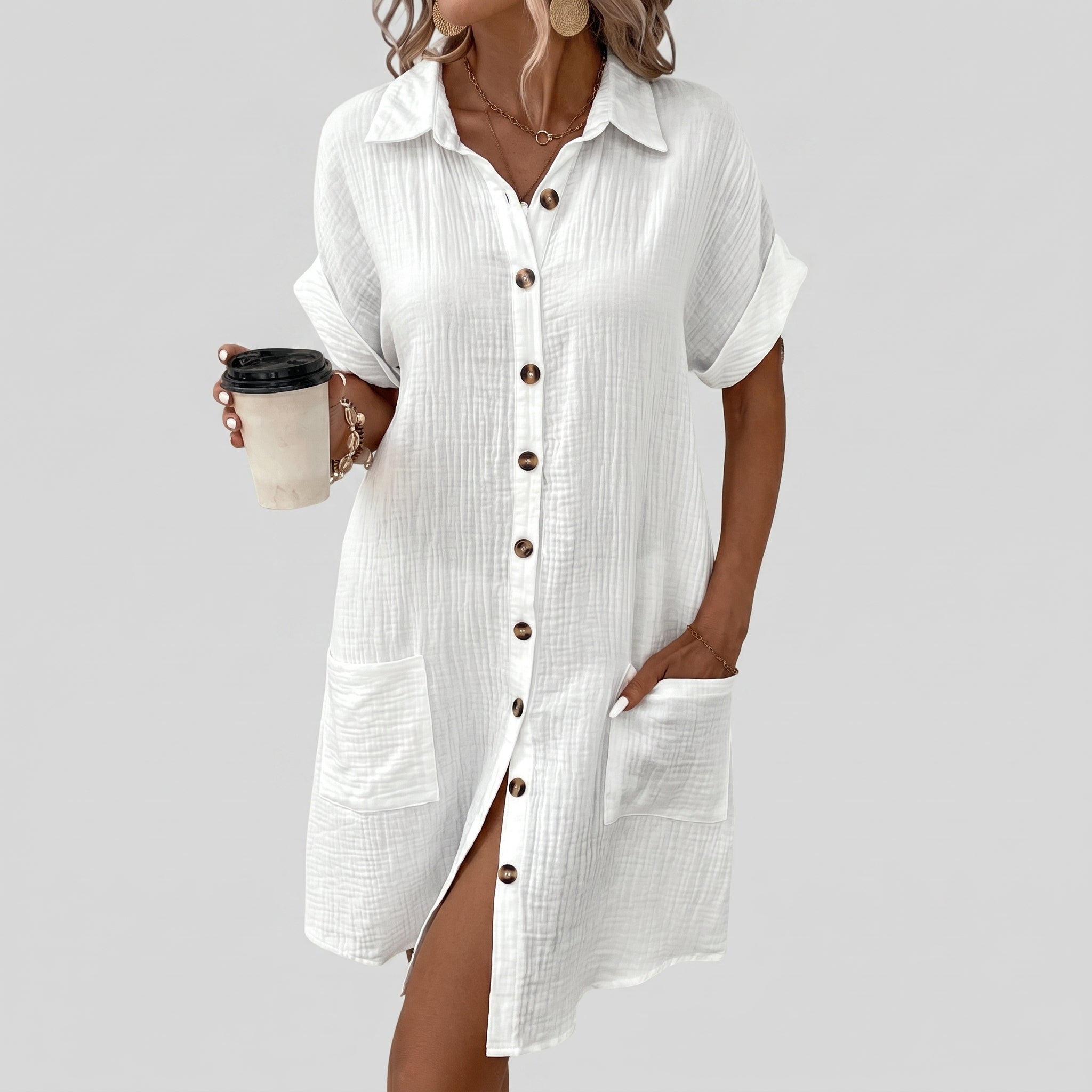 Lena - Women's Summer Button-Down Collared Mini Shirt Dress - Dresses - White - Davies & Cooper