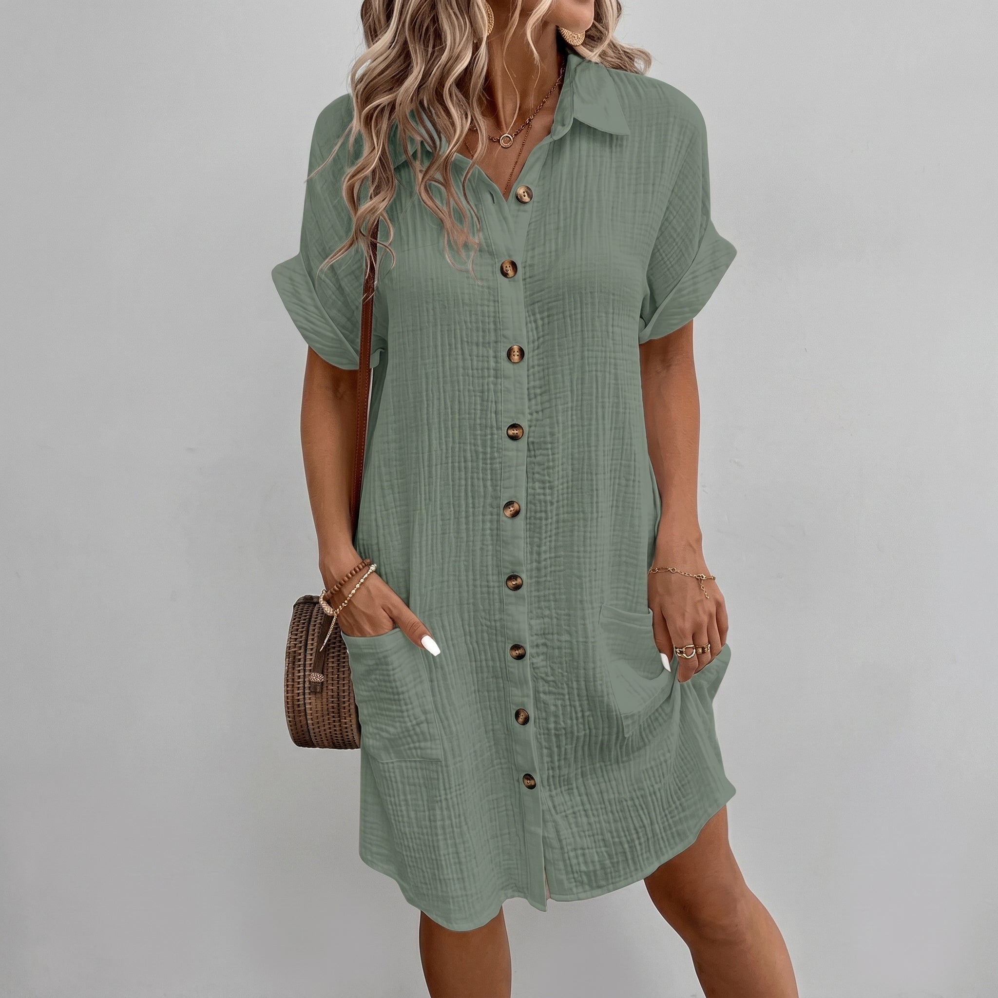 Lena - Women's Summer Button-Down Collared Mini Shirt Dress - Dresses - Green - Davies & Cooper