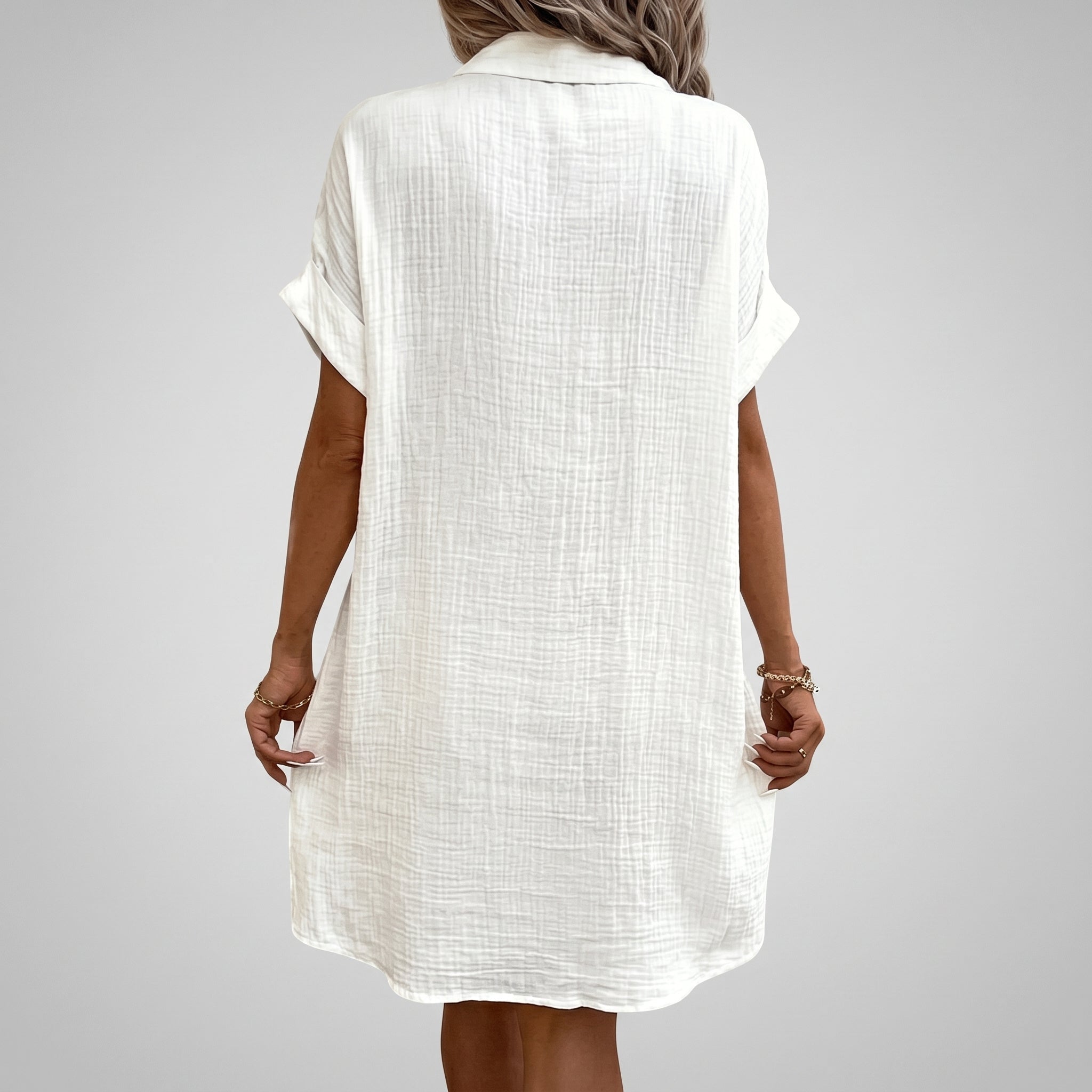 Lena - Women's Summer Button-Down Collared Mini Shirt Dress - Dresses - White - Davies & Cooper