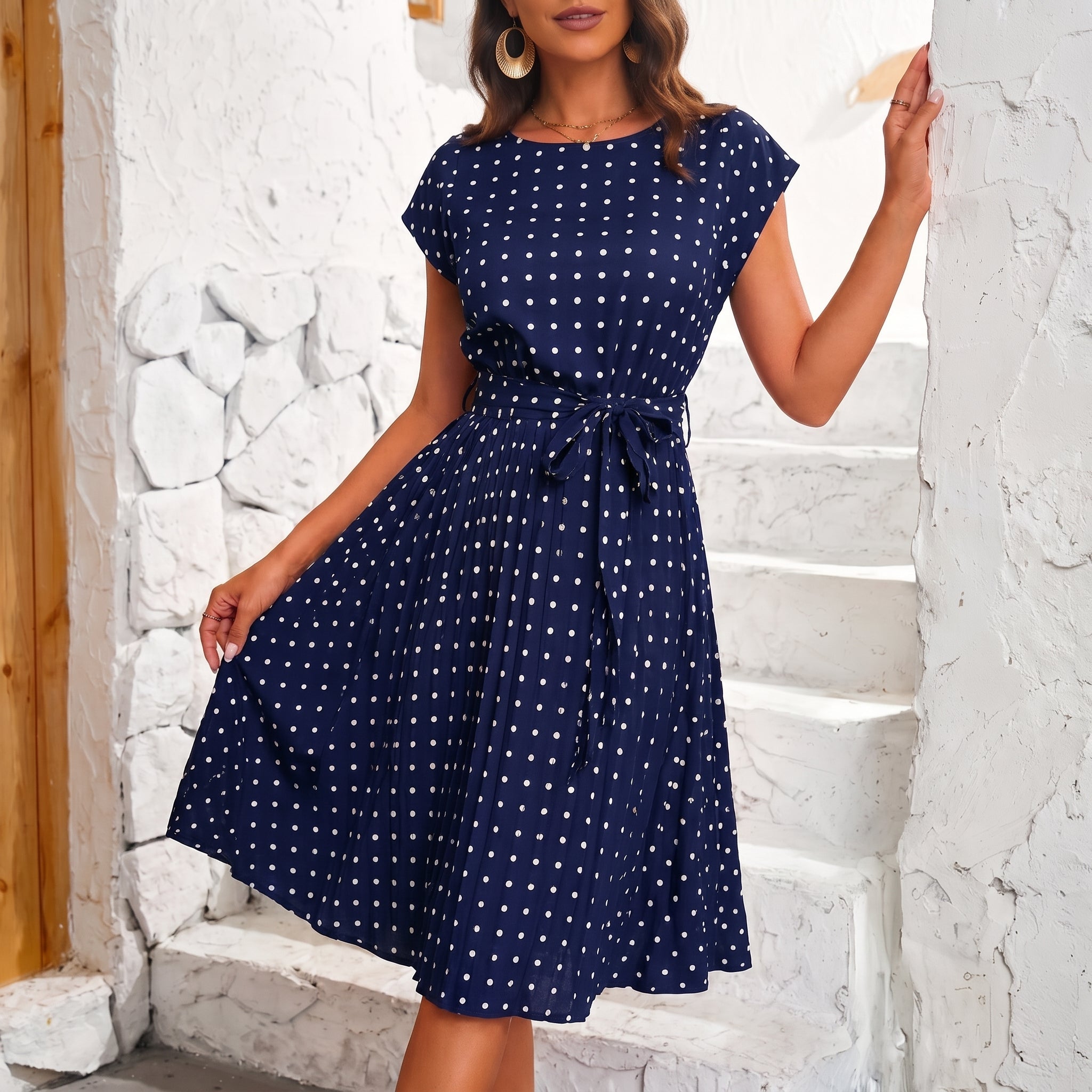 Lena - Women's Summer Polka Dot Cap Sleeve Belted Midi Dress - Dresses - Blue - Davies & Cooper