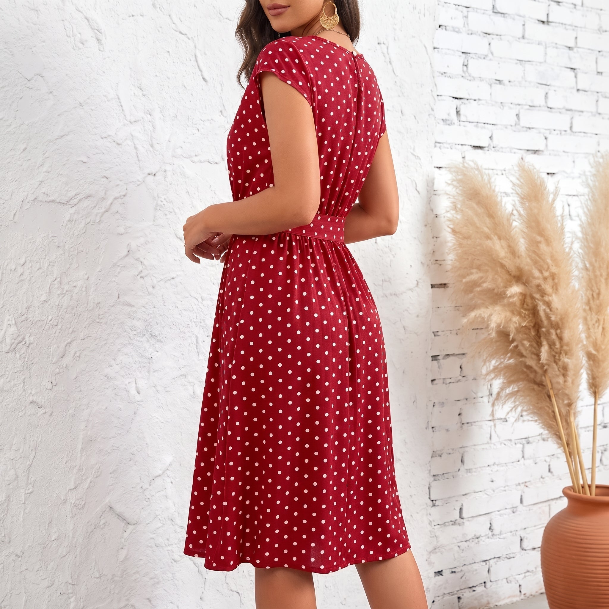 Lena - Women's Summer Polka Dot Cap Sleeve Belted Midi Dress - Dresses - Red - Davies & Cooper