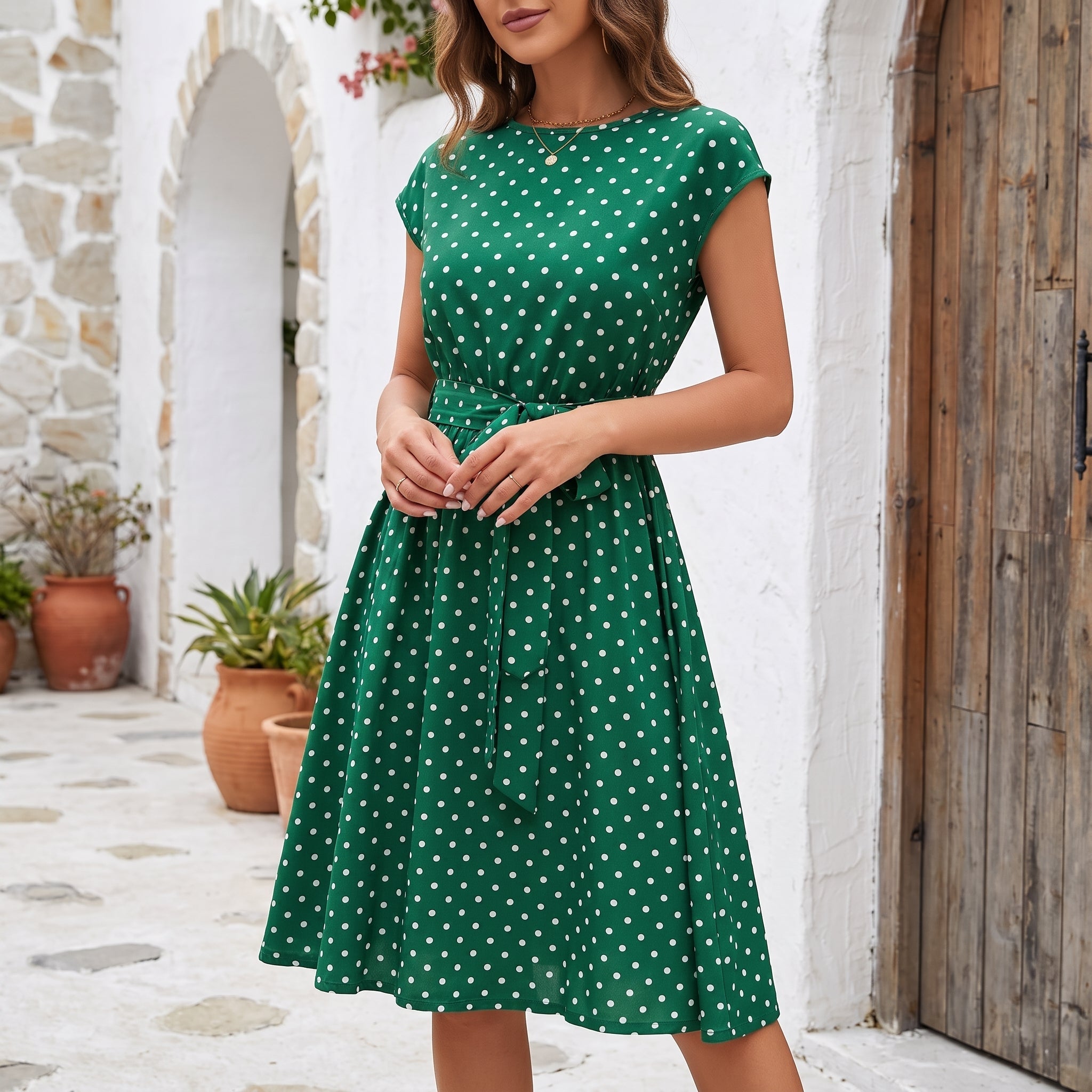 Lena - Women's Summer Polka Dot Cap Sleeve Belted Midi Dress - Dresses - Green - Davies & Cooper