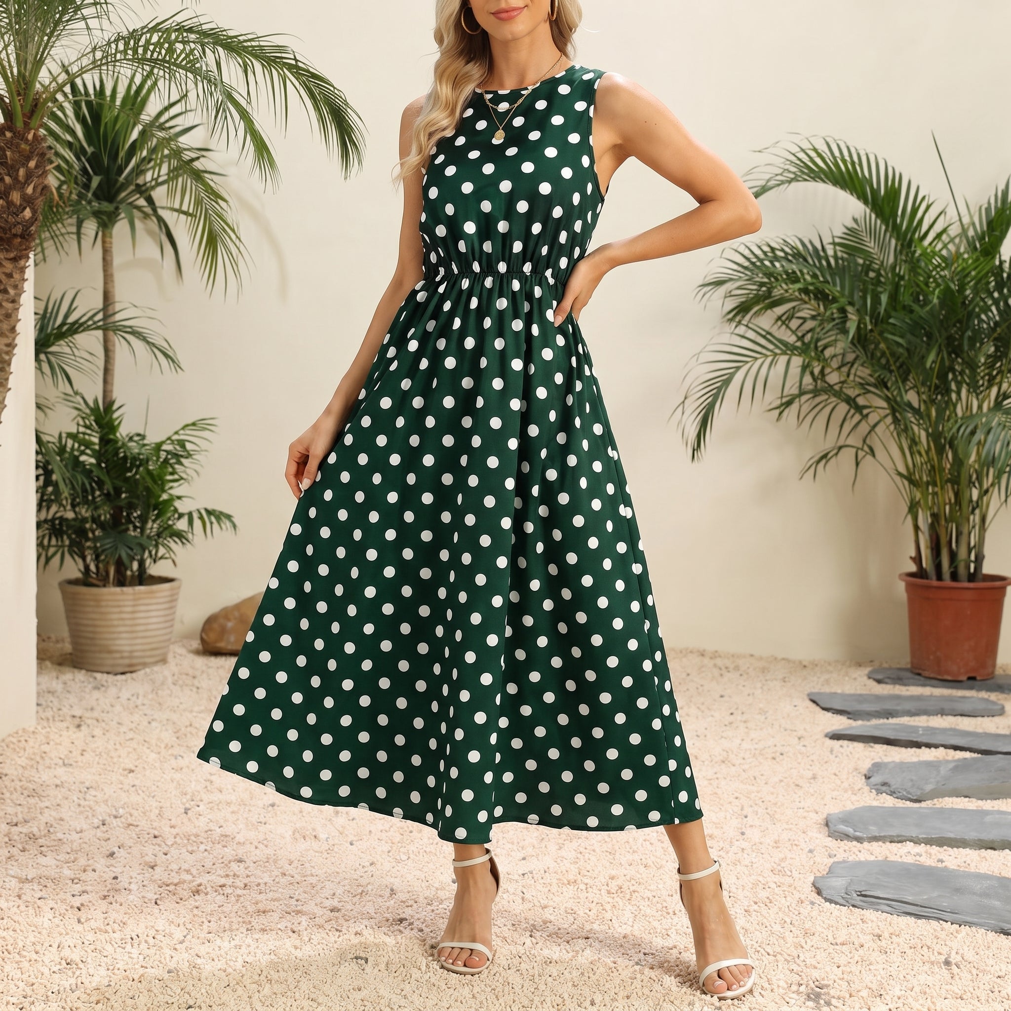 Lena - Women's Summer Polka Dot Sleeveless Midi Dress - Dresses - Green - Davies & Cooper