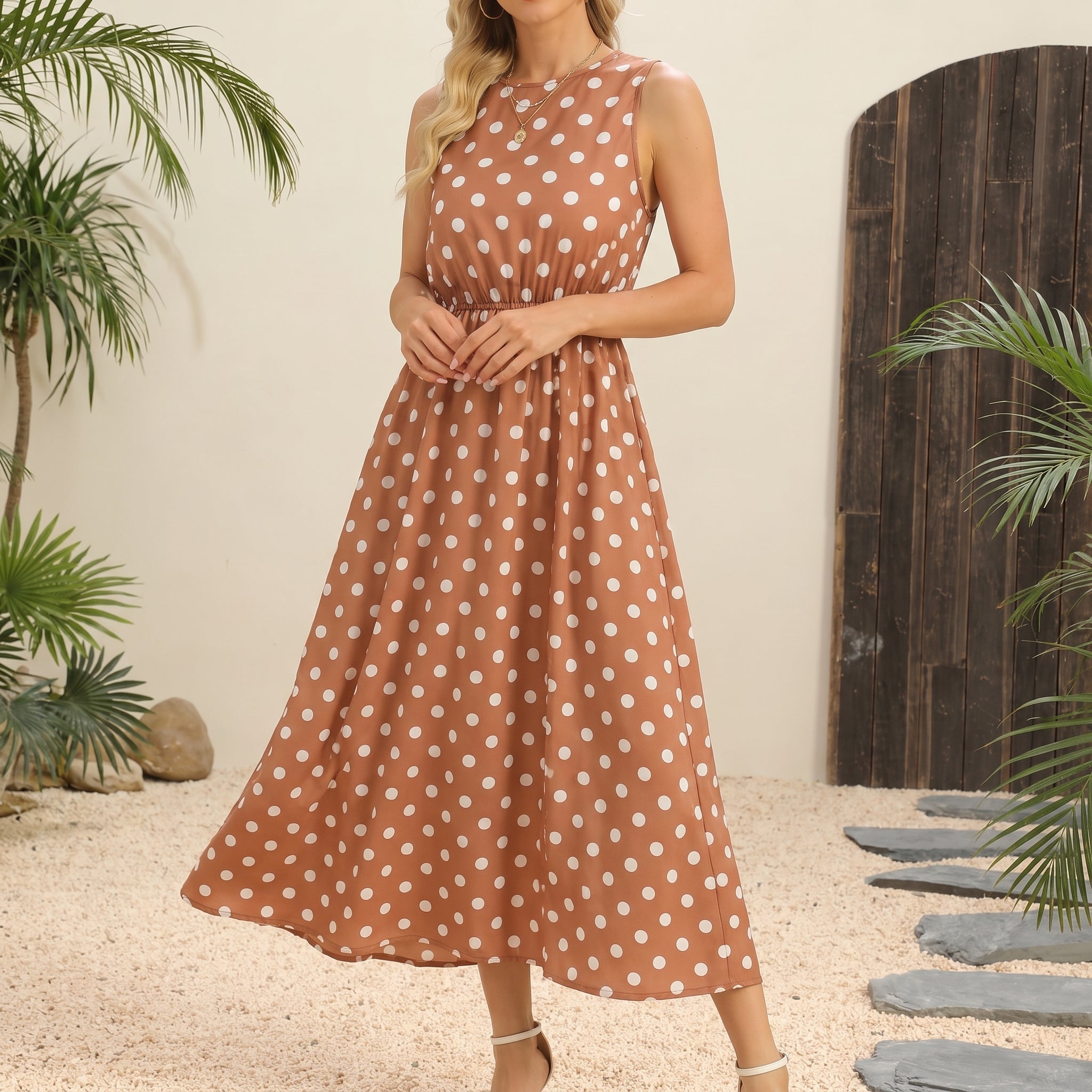 Lena - Women's Summer Polka Dot Sleeveless Midi Dress - Dresses - Brown - Davies & Cooper