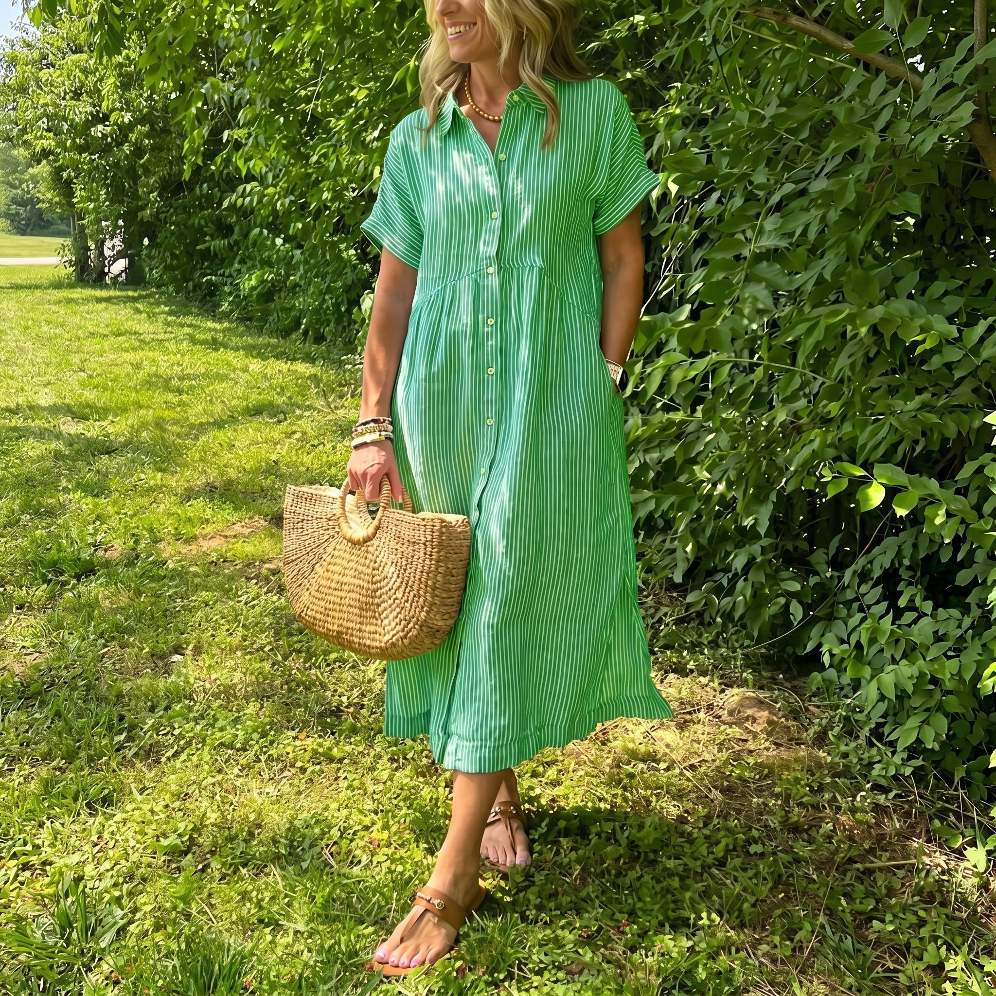 Lena - Women's Summer Striped Button-Down Midi Shirt Dress - Midi Dress - Green - Davies & Cooper