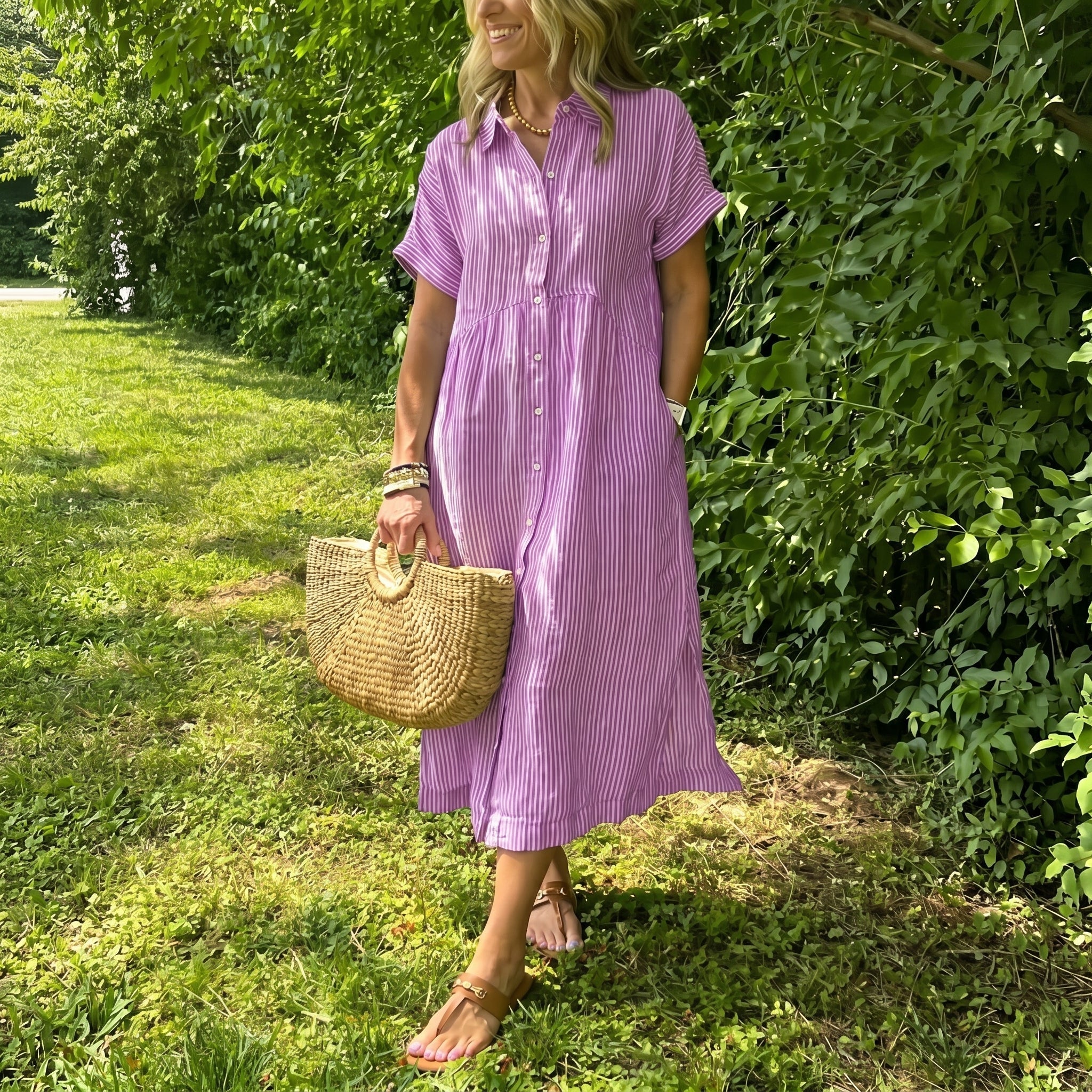 Lena - Women's Summer Striped Button-Down Midi Shirt Dress - Midi Dress - Pink - Davies & Cooper