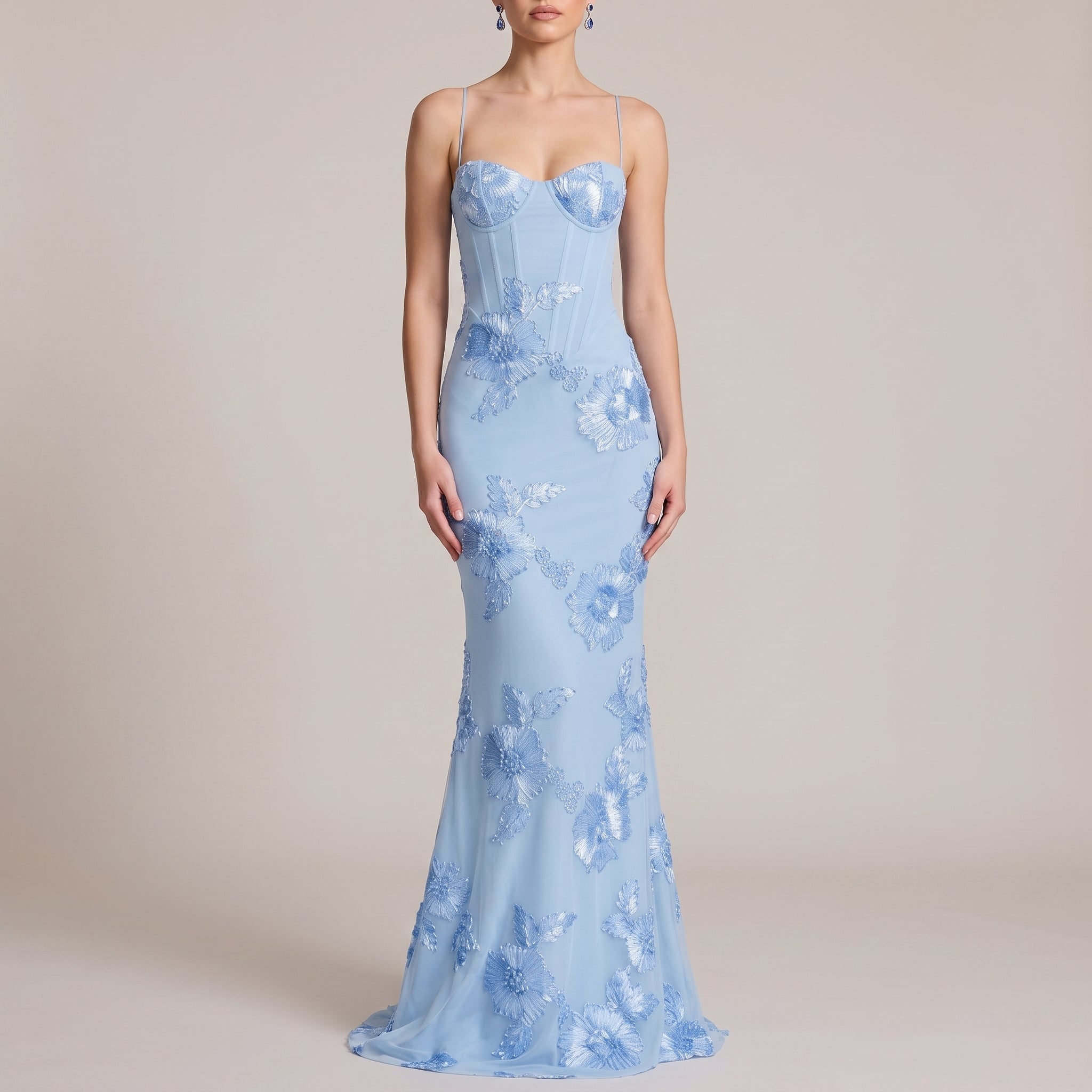 Lena - Women's Wedding Guest Sequin Floral Maxi Dress - Maxi Dress - Light Blue - Davies & Cooper