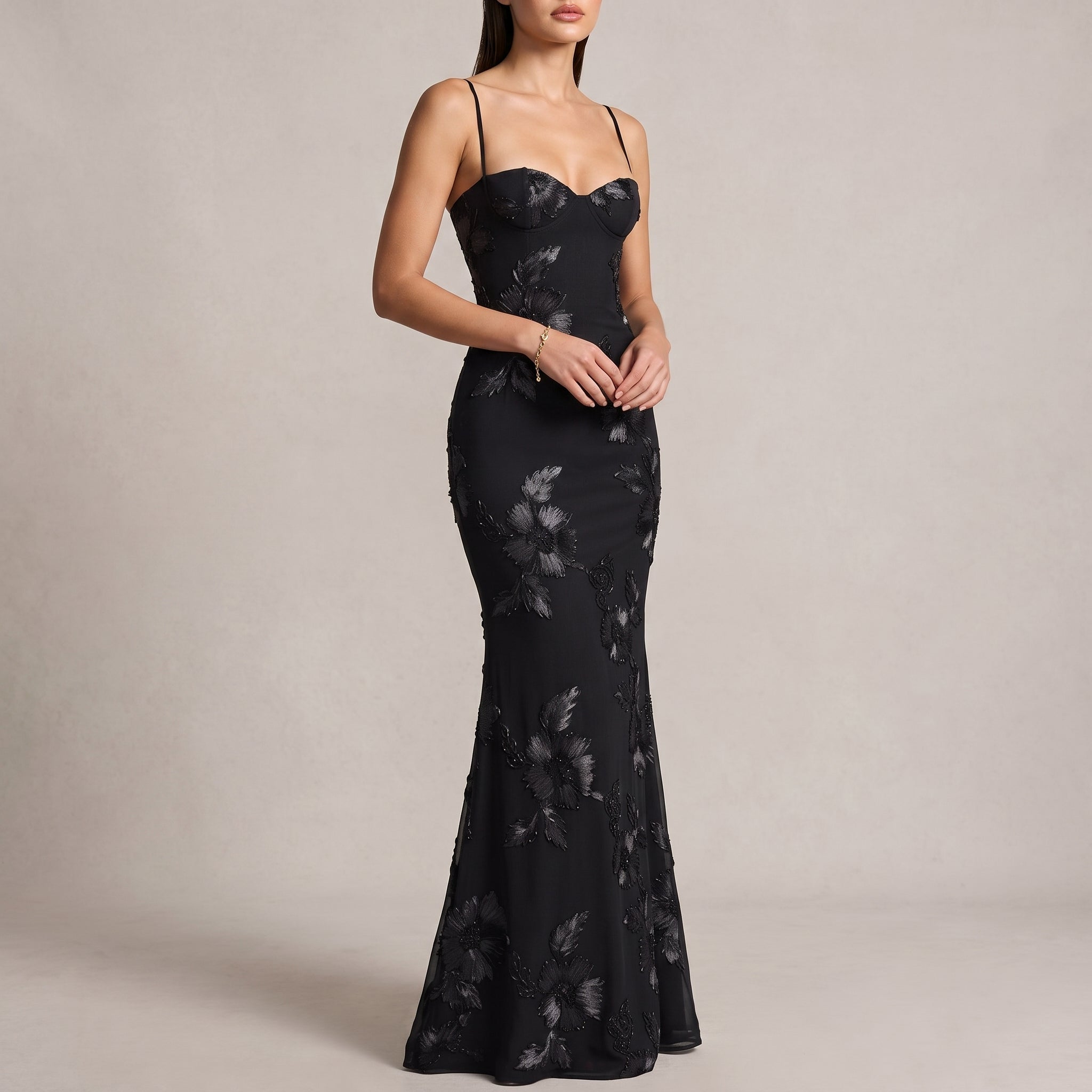 Lena - Women's Wedding Guest Sequin Floral Maxi Dress - Maxi Dress - Black - Davies & Cooper