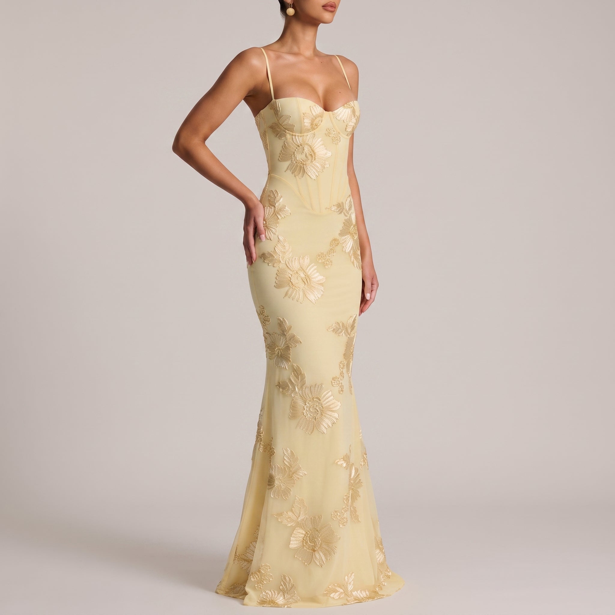 Lena - Women's Wedding Guest Sequin Floral Maxi Dress - Maxi Dress - Yellow - Davies & Cooper