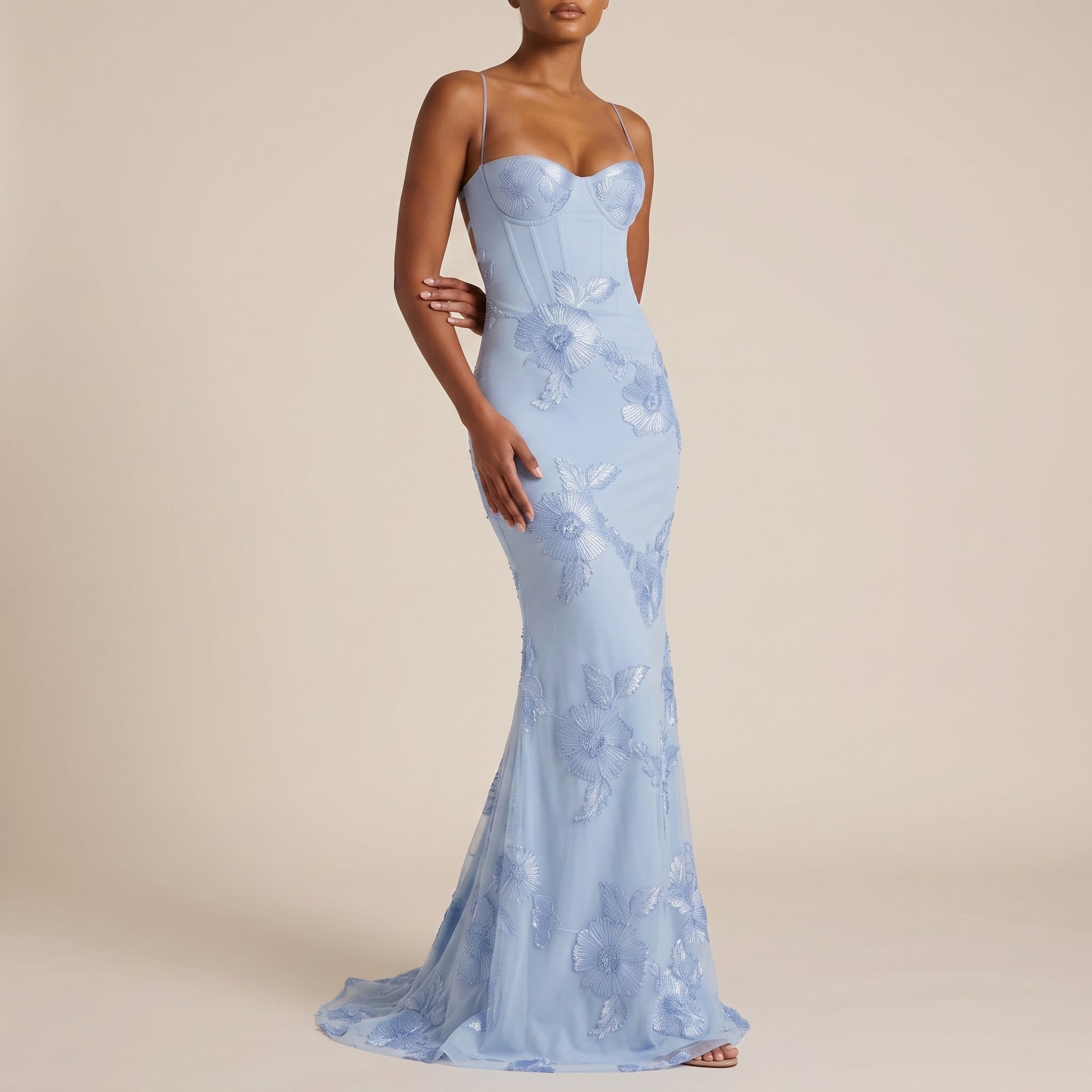 Lena - Women's Wedding Guest Sequin Floral Maxi Dress - Maxi Dress - Light Blue - Davies & Cooper