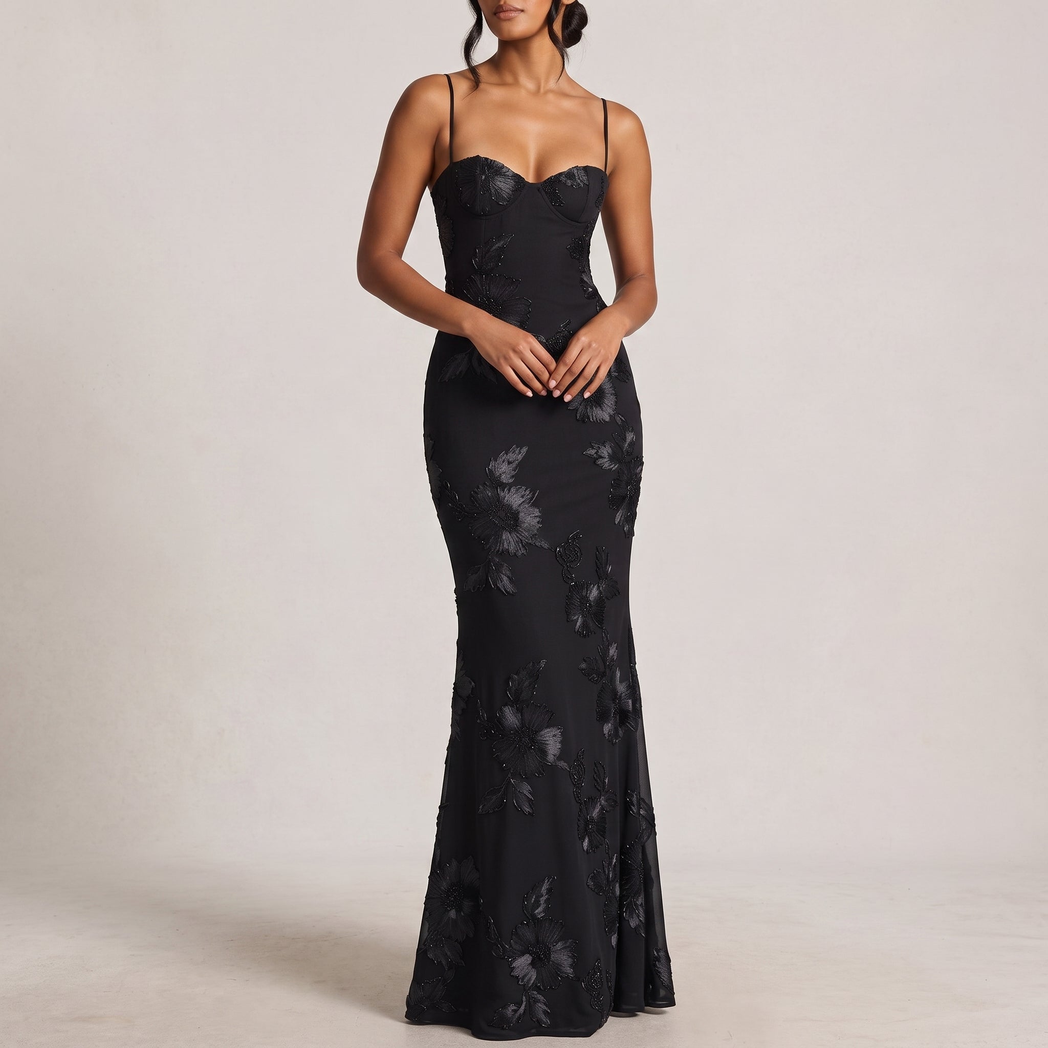 Lena - Women's Wedding Guest Sequin Floral Maxi Dress - Maxi Dress - Black - Davies & Cooper