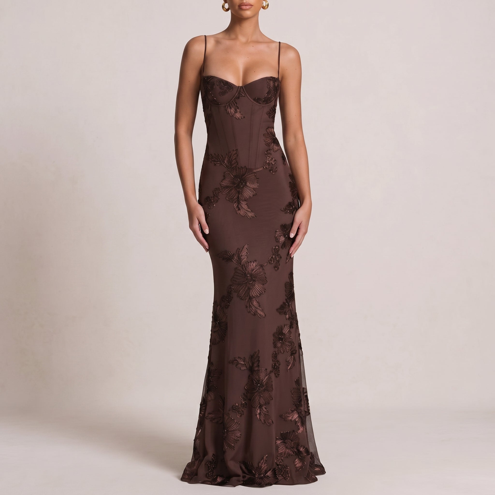 Lena - Women's Wedding Guest Sequin Floral Maxi Dress - Maxi Dress - Brown - Davies & Cooper