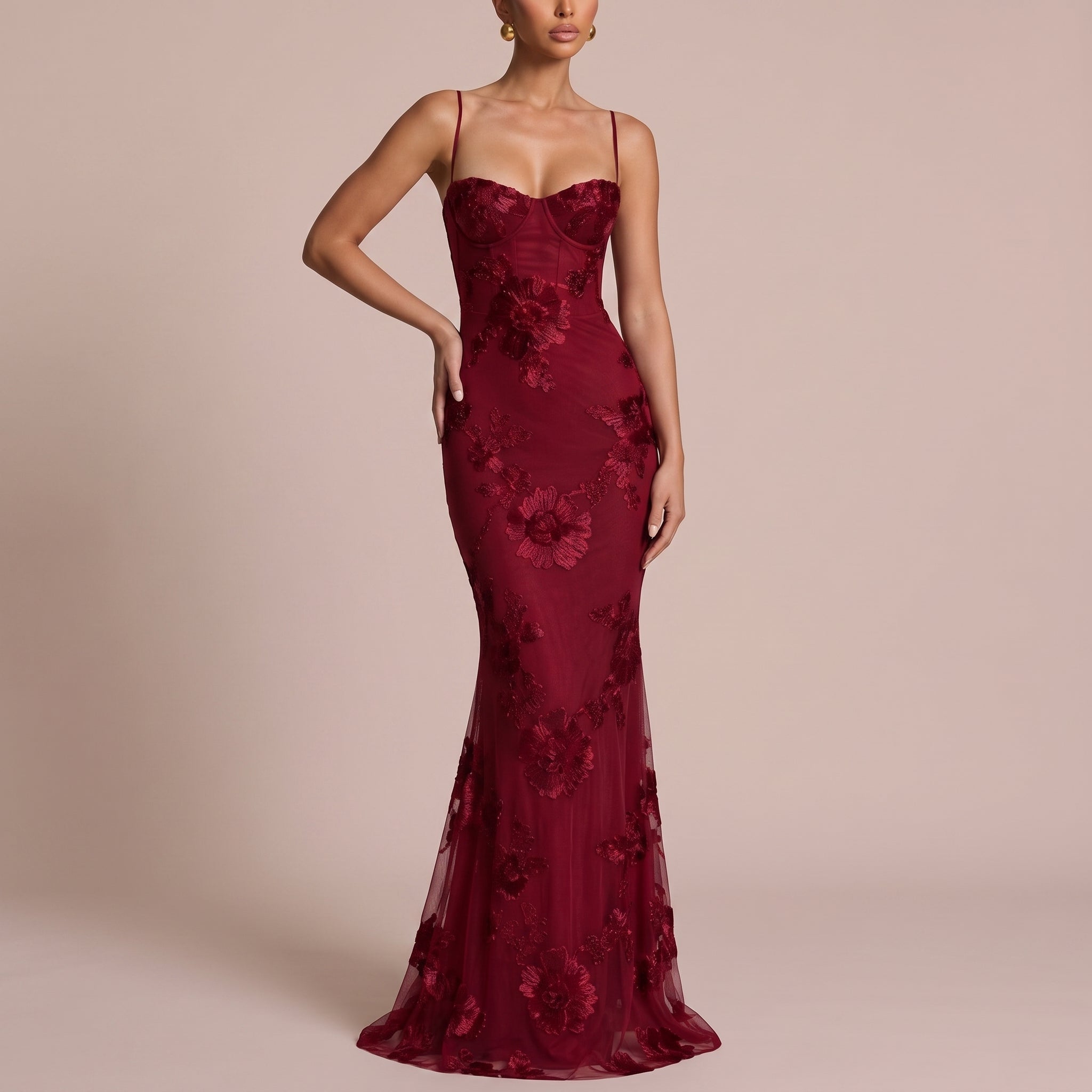 Lena - Women's Wedding Guest Sequin Floral Maxi Dress - Maxi Dress - Burgundy - Davies & Cooper