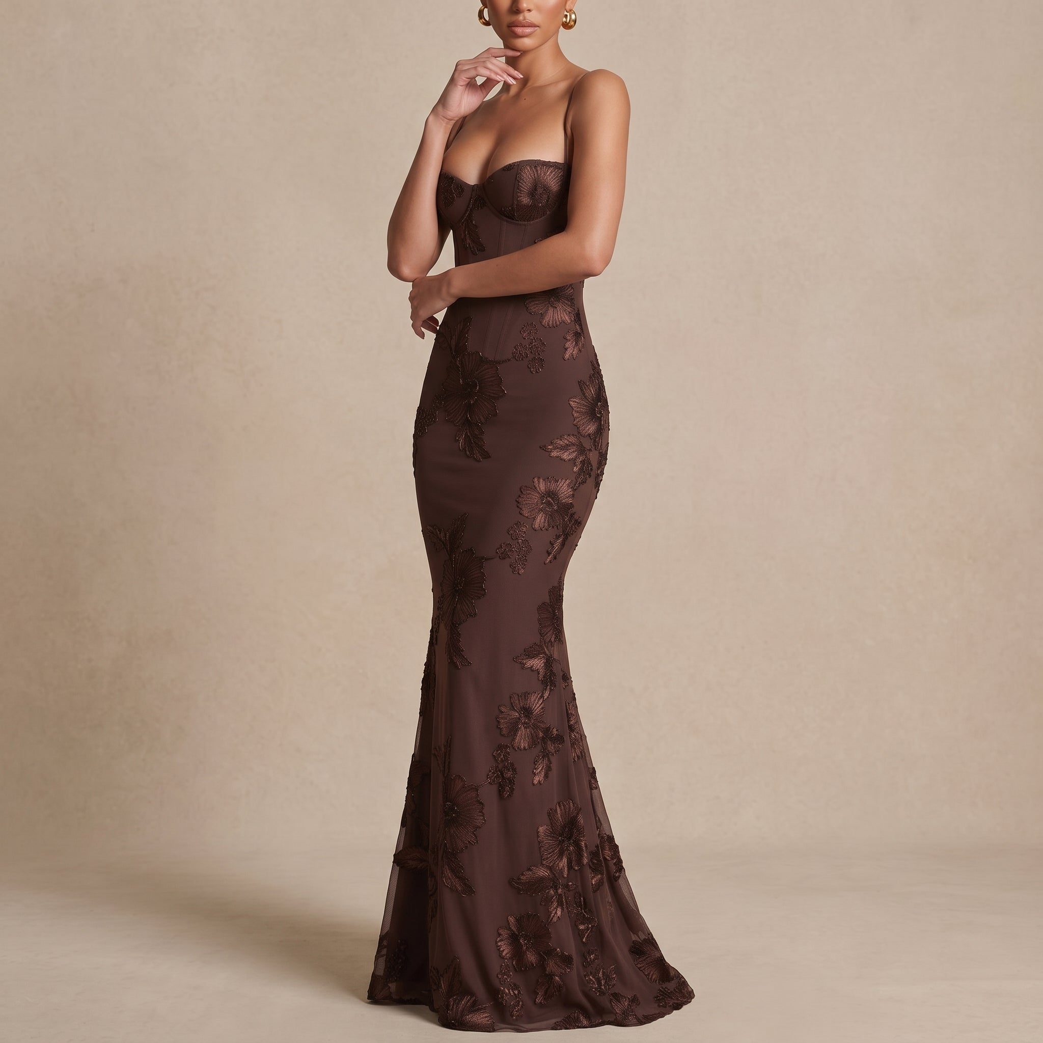 Lena - Women's Wedding Guest Sequin Floral Maxi Dress - Maxi Dress - Brown - Davies & Cooper