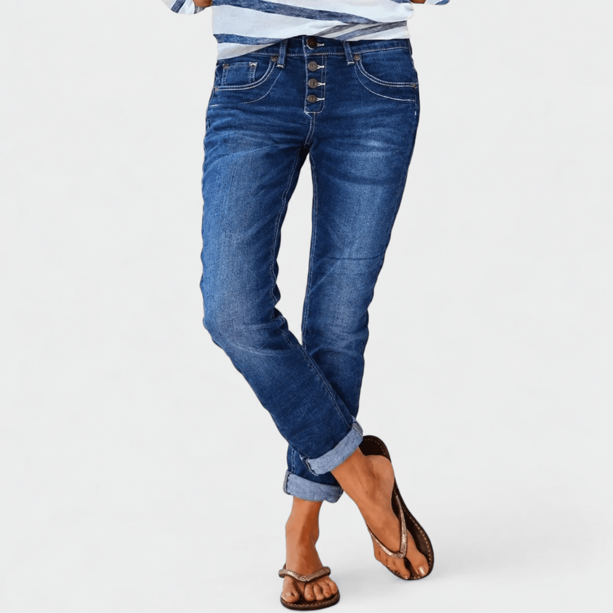 Leni - Women's Distressed Wide-Leg Button-Fly Tapered Jeans - Jeans - Dark Blue - Davies & Cooper