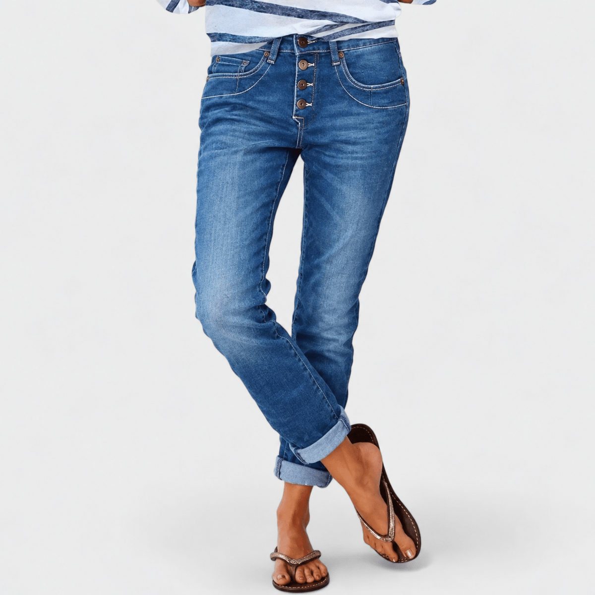 Leni - Women's Distressed Wide-Leg Button-Fly Tapered Jeans - Jeans - Blue - Davies & Cooper