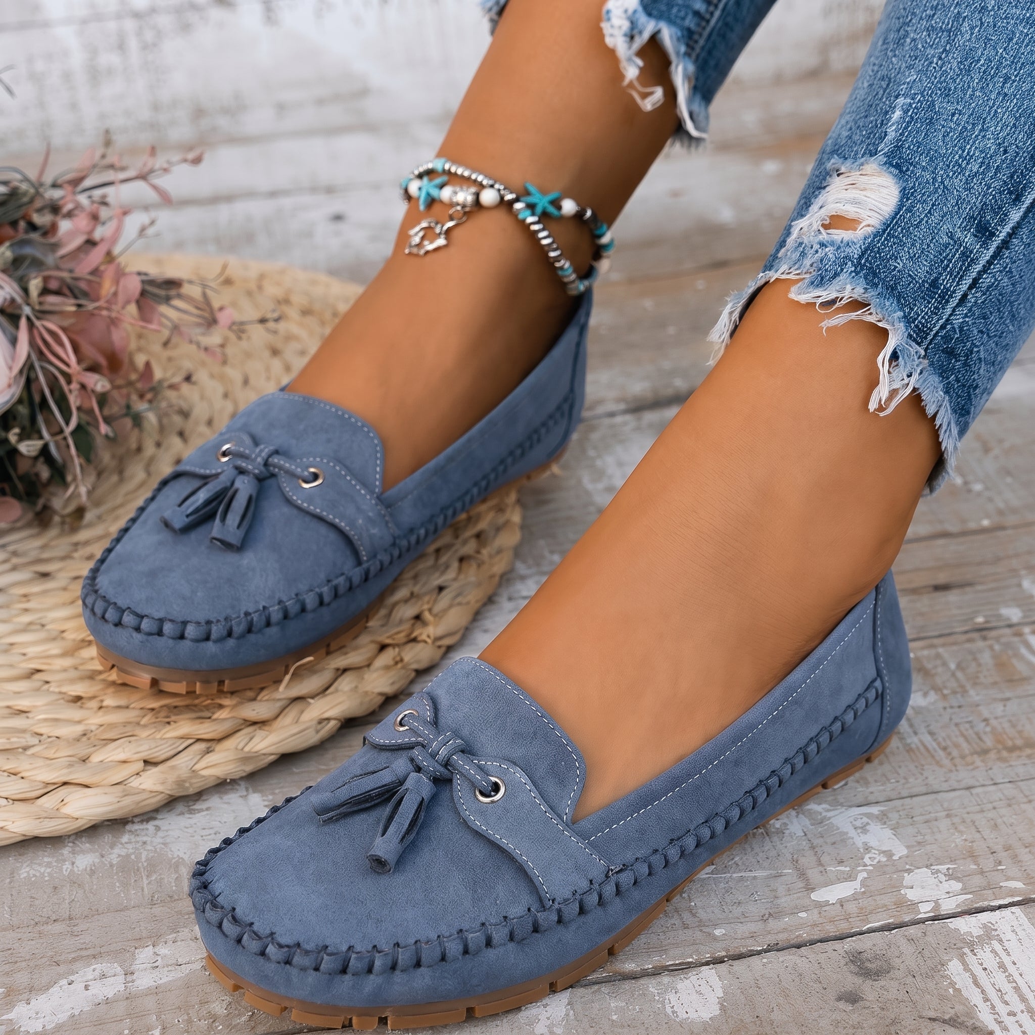 Leni - Women's Orthopaedic Tassel Bow Moccasin Loafers - Flats - Blue - Davies & Cooper