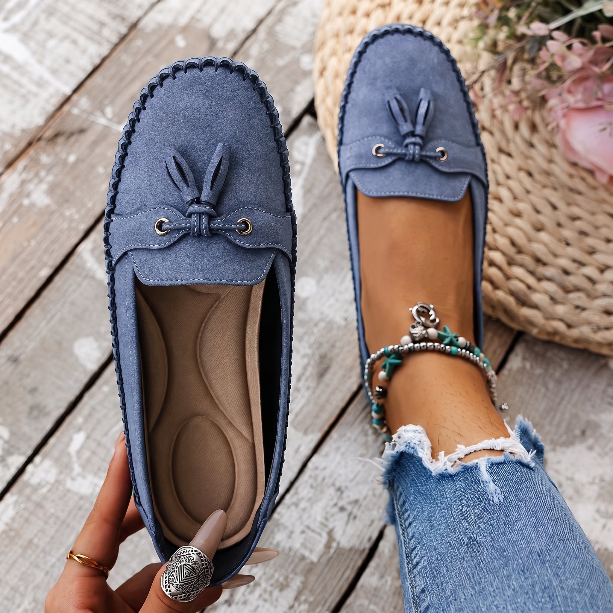 Leni - Women's Orthopaedic Tassel Bow Moccasin Loafers - Flats - Blue - Davies & Cooper