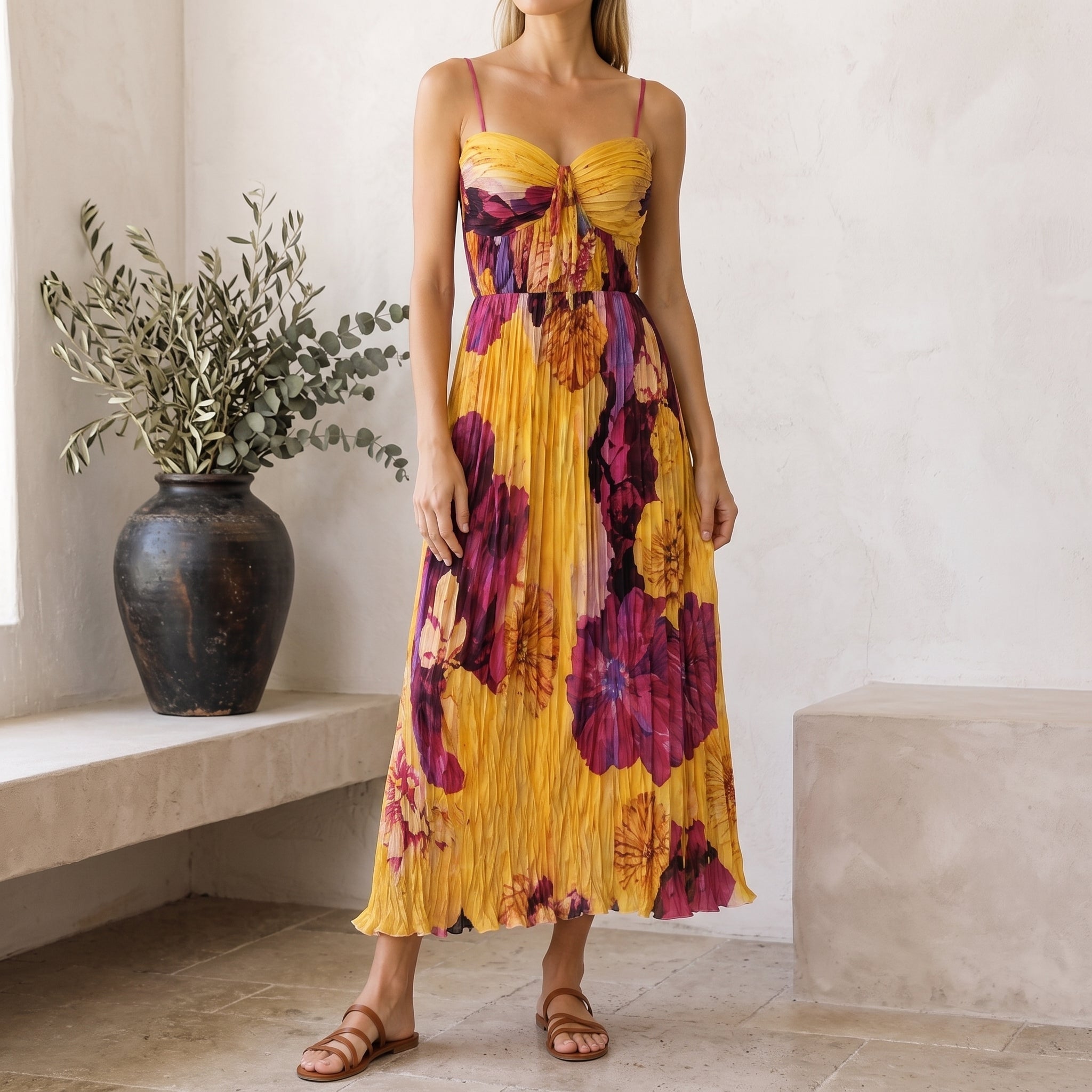 Leonie - Women's Summer Floral Pleated Ruched Midi Dress - Dresses - Yellow - Davies & Cooper