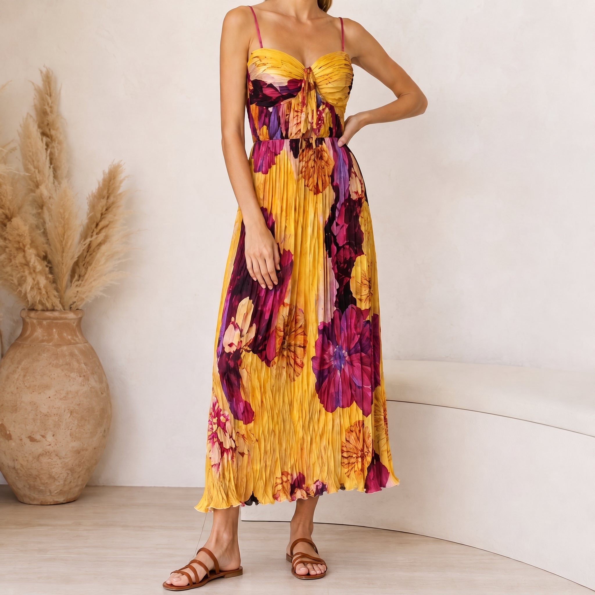 Leonie - Women's Summer Floral Pleated Ruched Midi Dress - Dresses - Yellow - Davies & Cooper