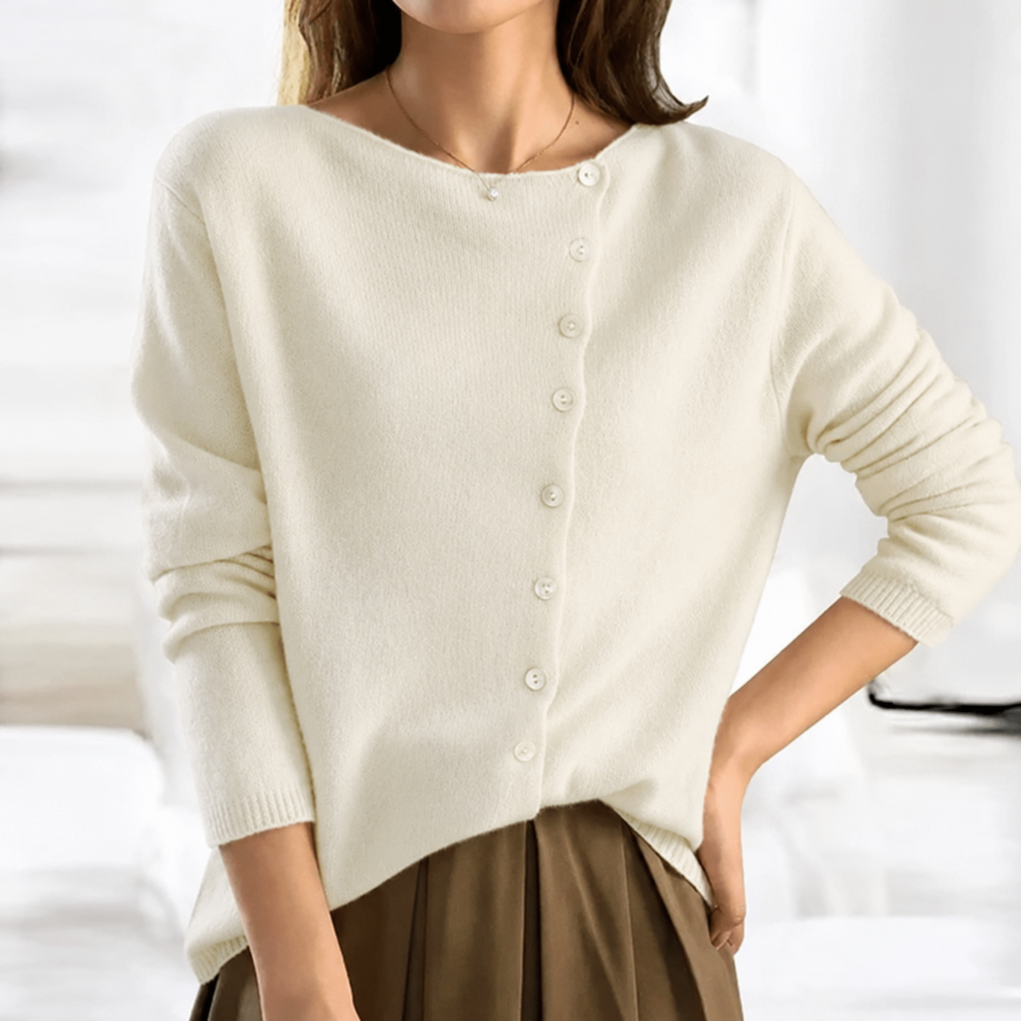 Lia - Women's Asymmetric Button-Front Knit Cardigan - Cardigans - Beige - Davies & Cooper