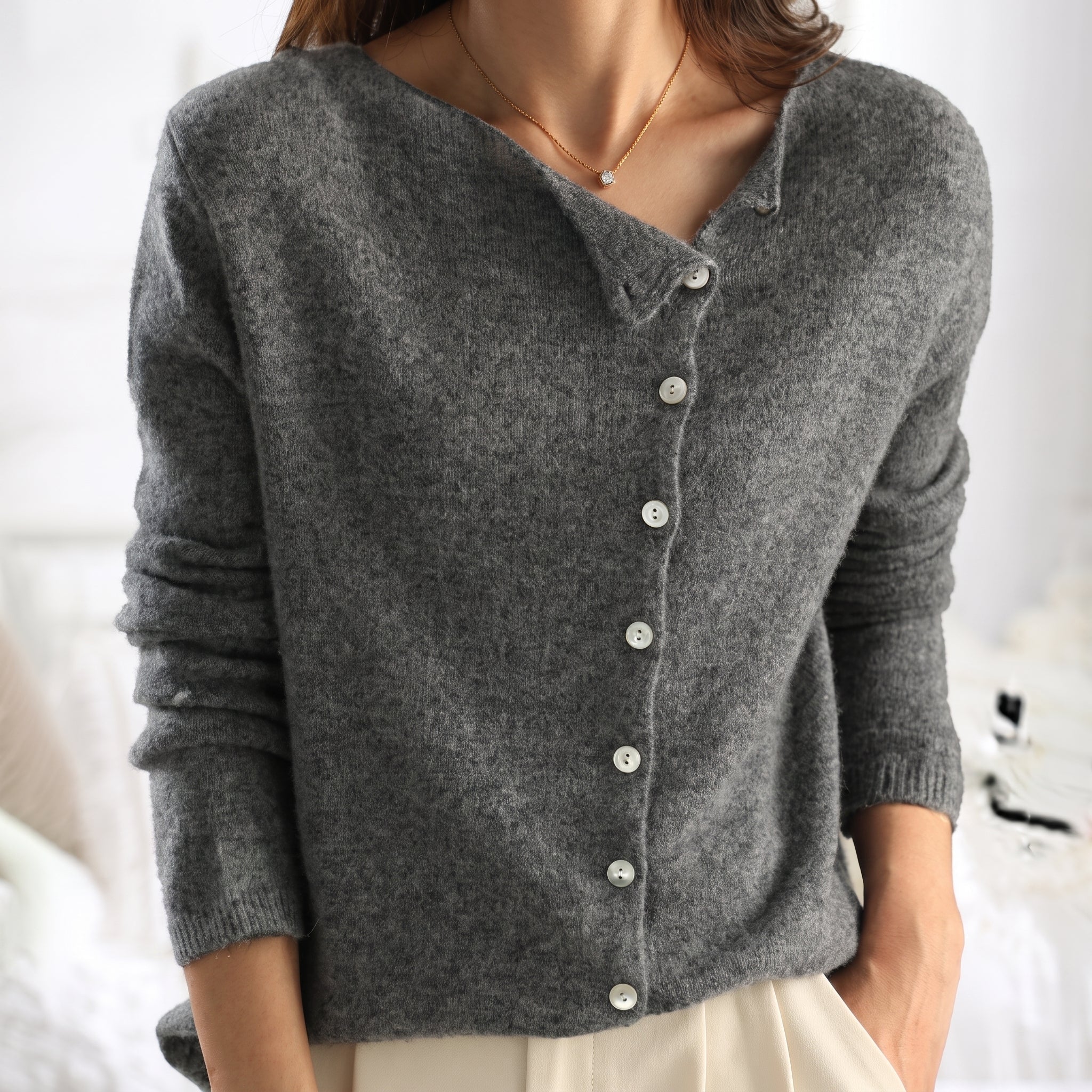 Lia - Women's Asymmetric Button-Front Knit Cardigan - Cardigans - Grey - Davies & Cooper