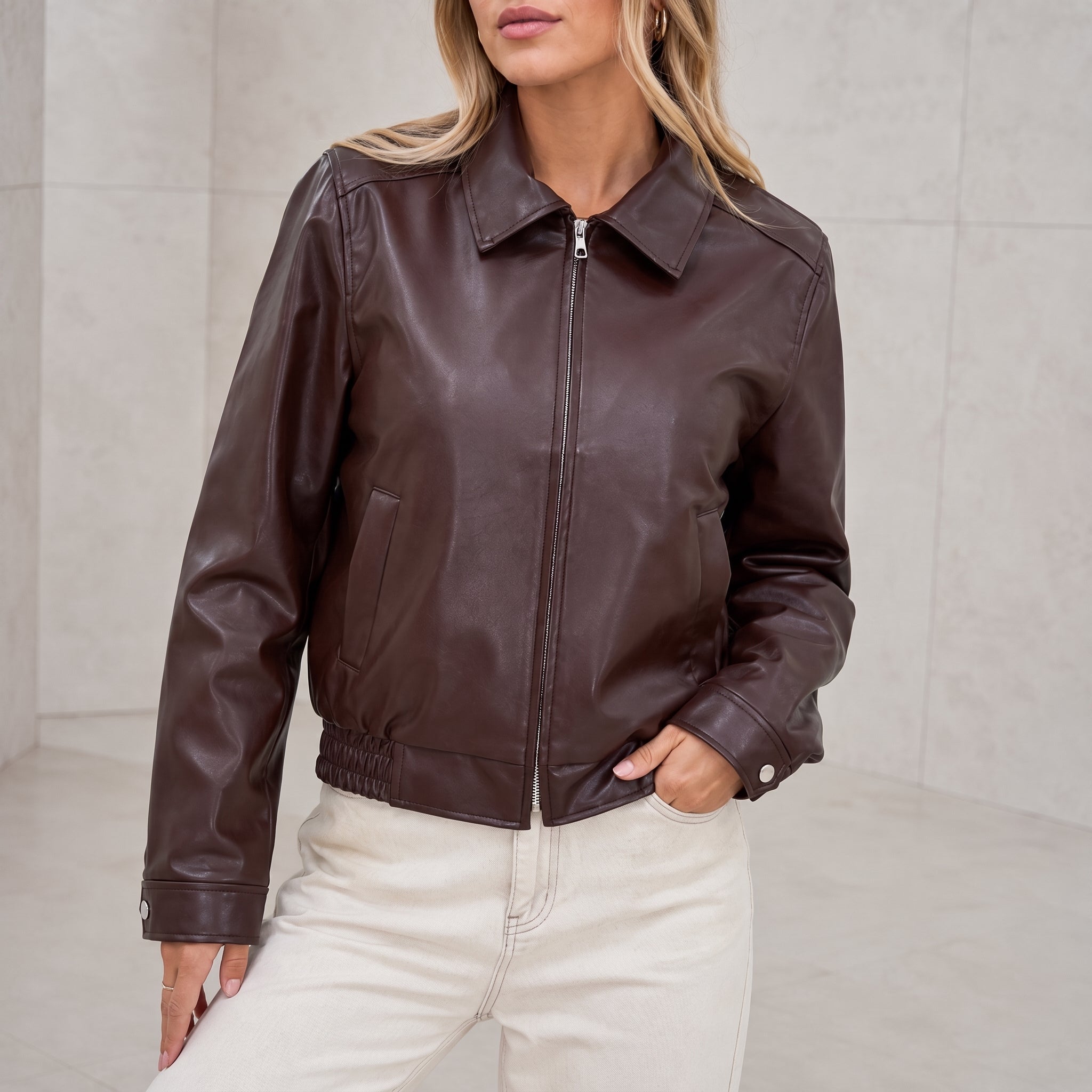 Liesel - Women's Collared Bomber Zip Front Jacket - Bomber Jackets - Brown - Davies & Cooper