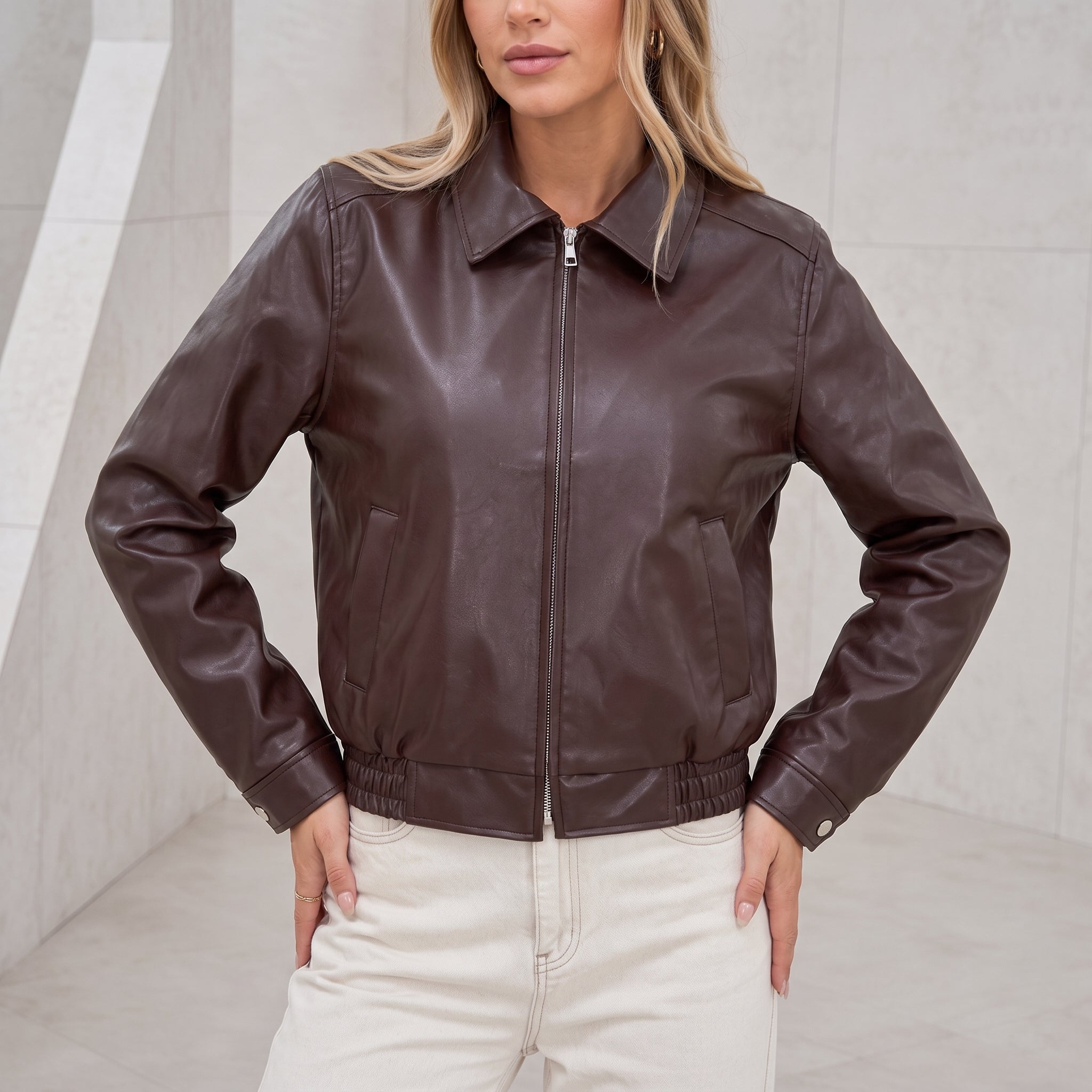Liesel - Women's Collared Bomber Zip Front Jacket - Bomber Jackets - Brown - Davies & Cooper