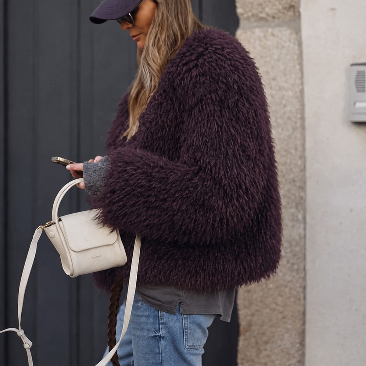 Lillith - Women's Cropped Faux Fur Jacket with Textured Shaggy Finish - Coats & Jackets - Burgundy - Davies & Cooper