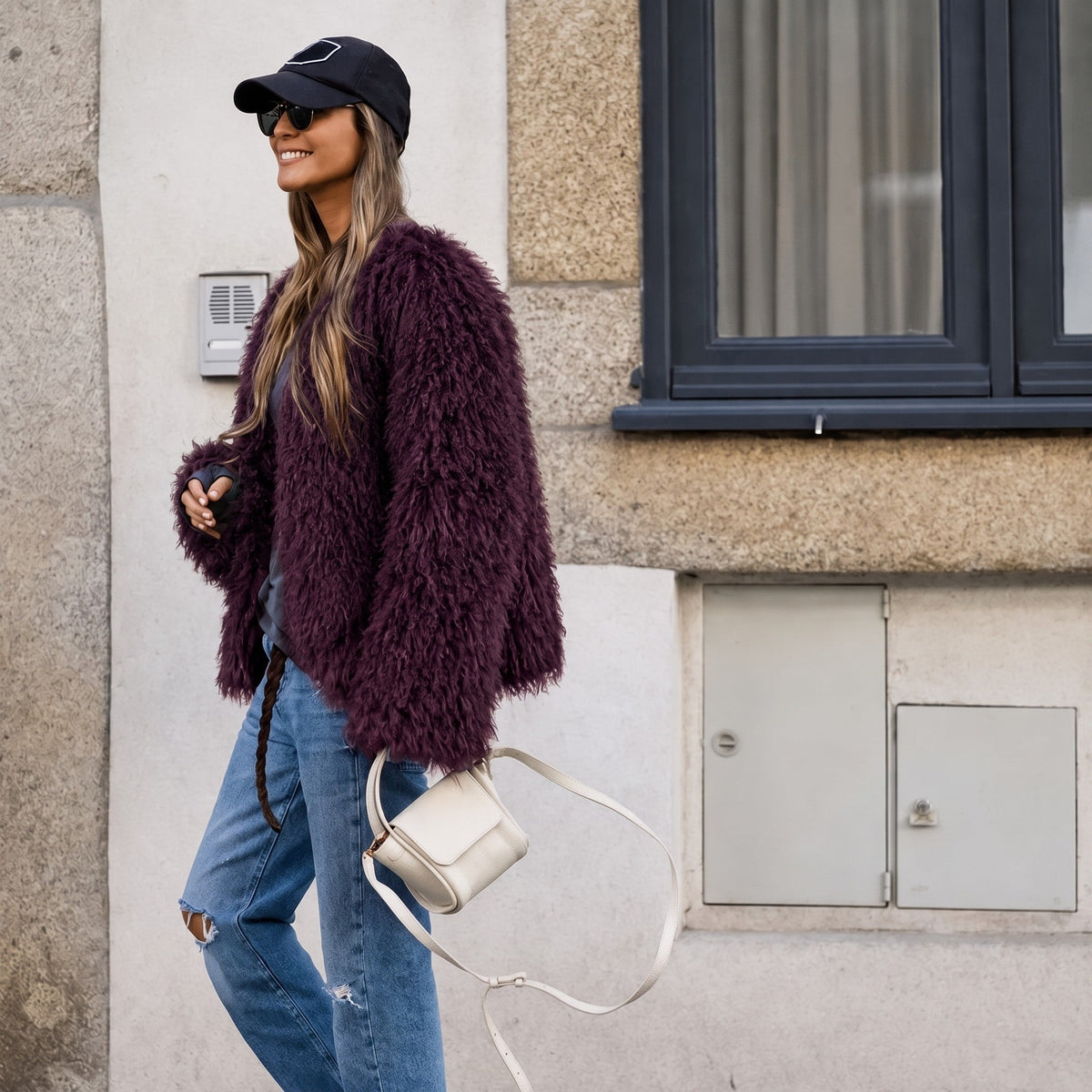 Lillith - Women's Cropped Faux Fur Jacket with Textured Shaggy Finish - Coats & Jackets - Burgundy - Davies & Cooper
