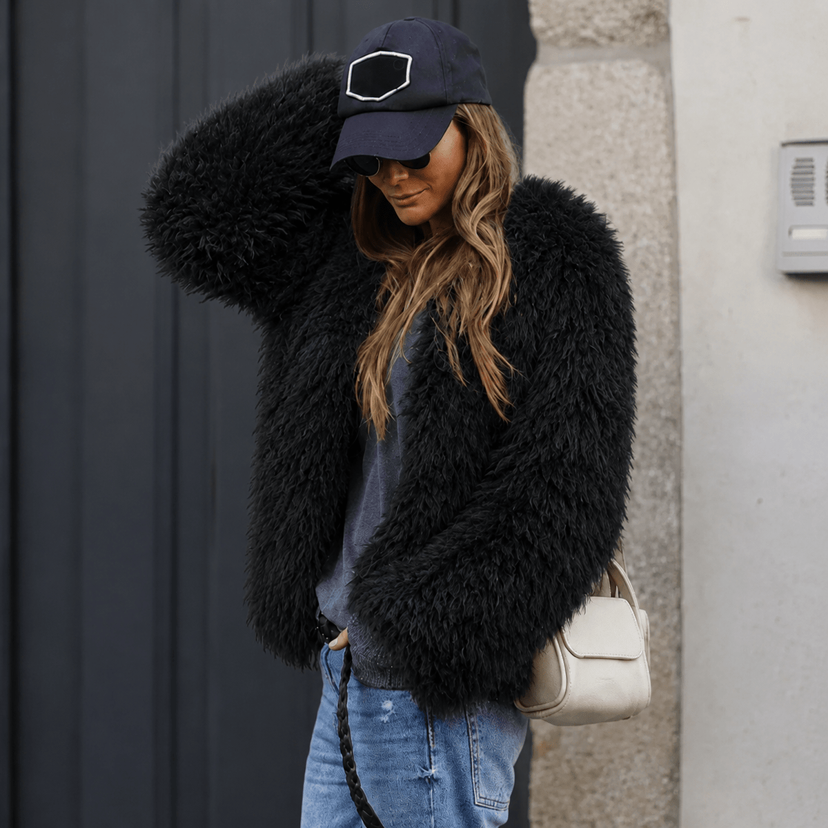 Lillith - Women's Cropped Faux Fur Jacket with Textured Shaggy Finish - Coats & Jackets - Black - Davies & Cooper