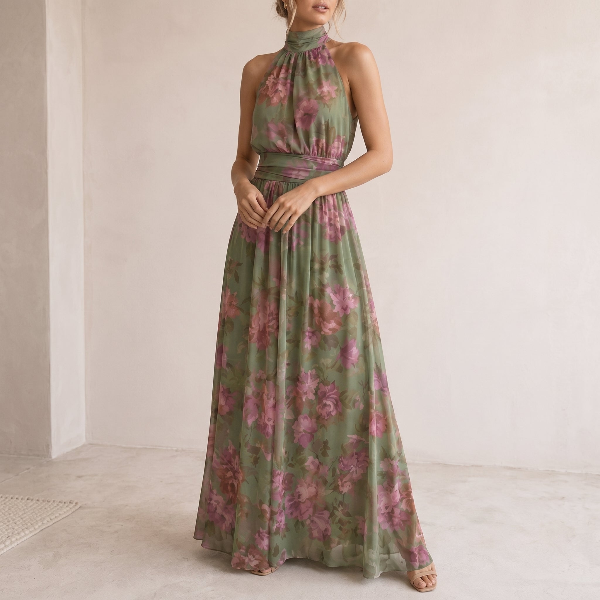 Lily - Women's Summer Floral Halterneck Maxi Dress - Dresses - Green - Davies & Cooper