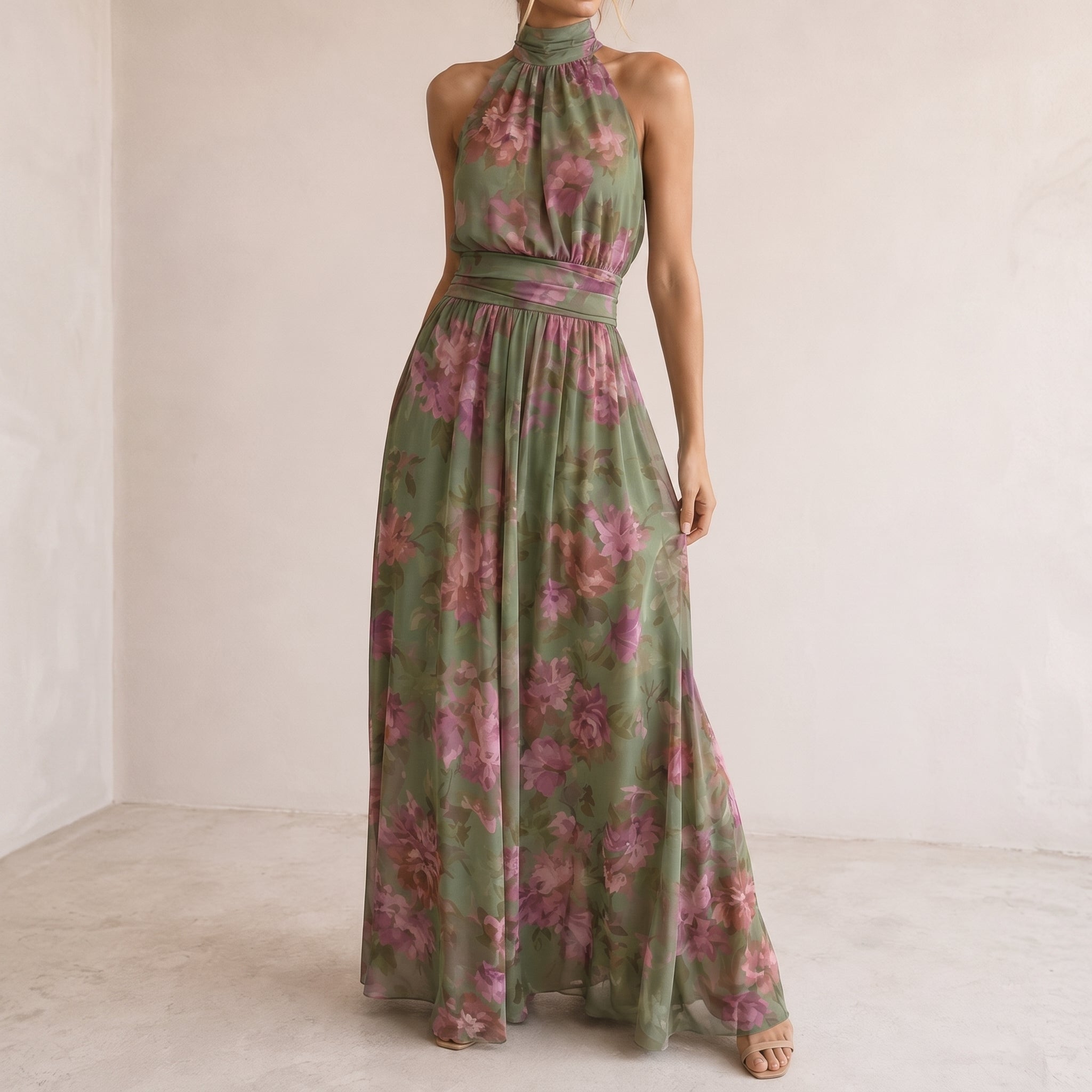 Lily - Women's Summer Floral Halterneck Maxi Dress - Dresses - Green - Davies & Cooper