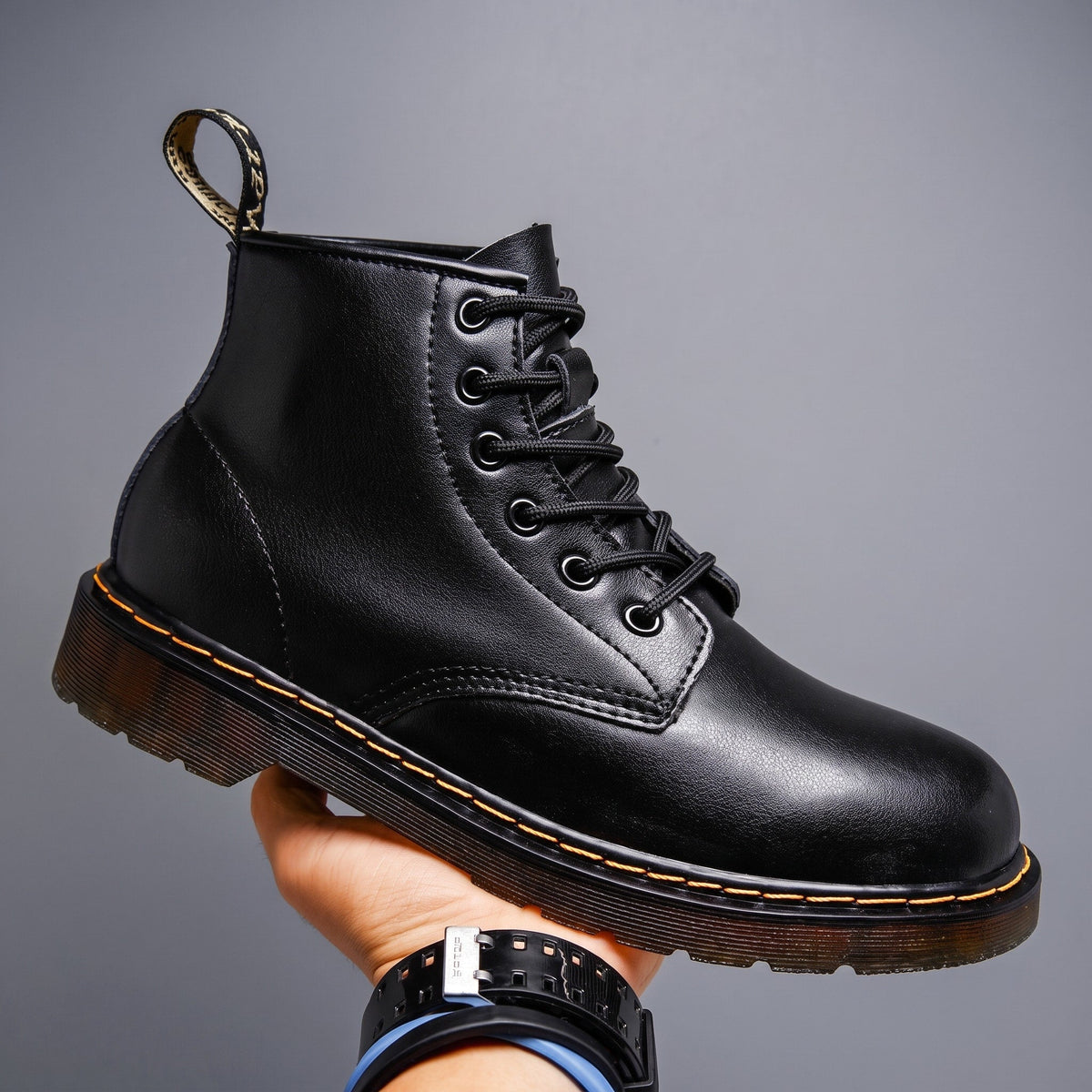 Logan - Men's Vintage Ombré Lace-Up Ankle Boots with Stitched Sole - Boots - Black - Davies & Cooper