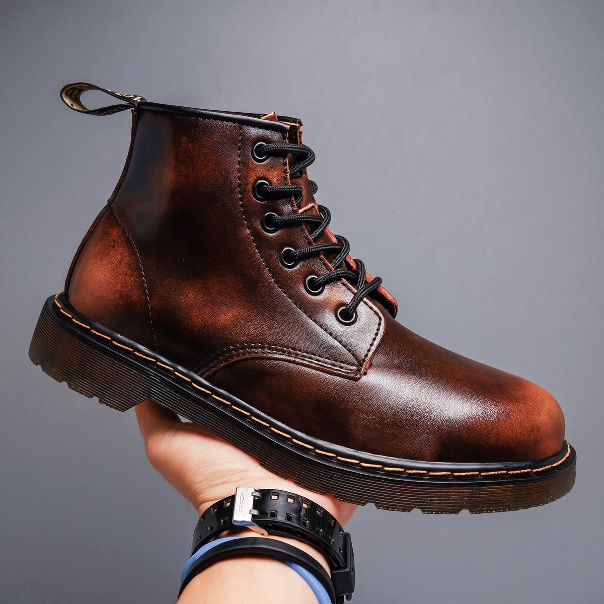 Logan - Men's Vintage Ombré Lace-Up Ankle Boots with Stitched Sole - Boots - Brown - Davies & Cooper