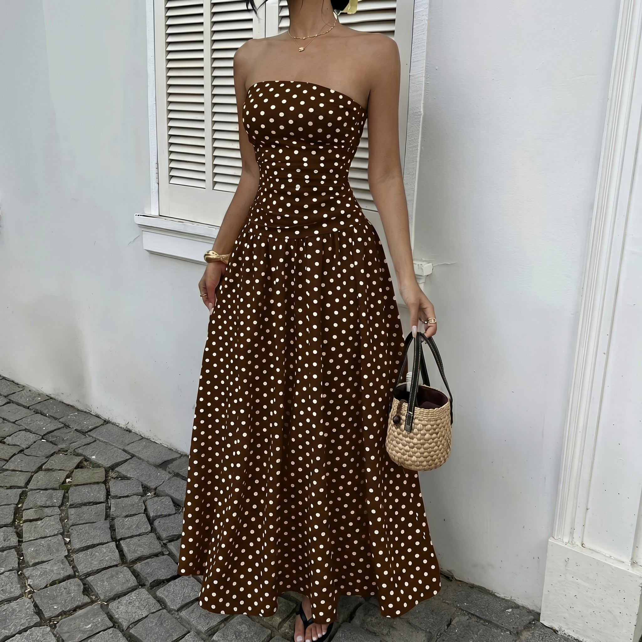 Lorelei - Women's Summer Polka Dot Strapless Maxi Dress - Dresses - Brown - Davies & Cooper