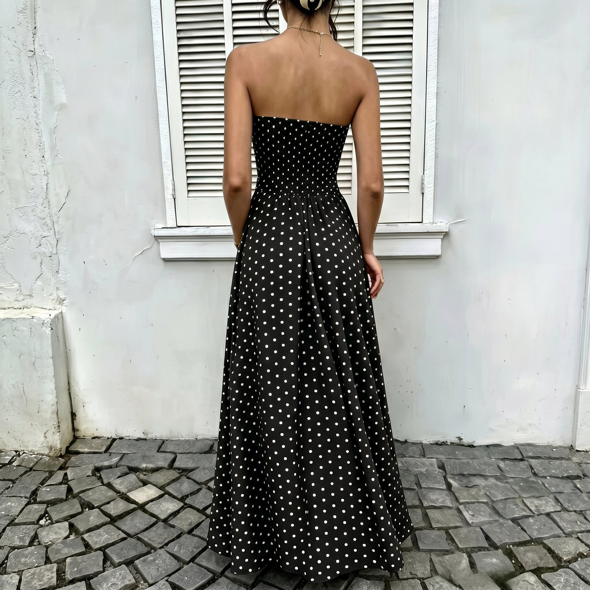 Lorelei - Women's Summer Polka Dot Strapless Maxi Dress - Dresses - Black - Davies & Cooper