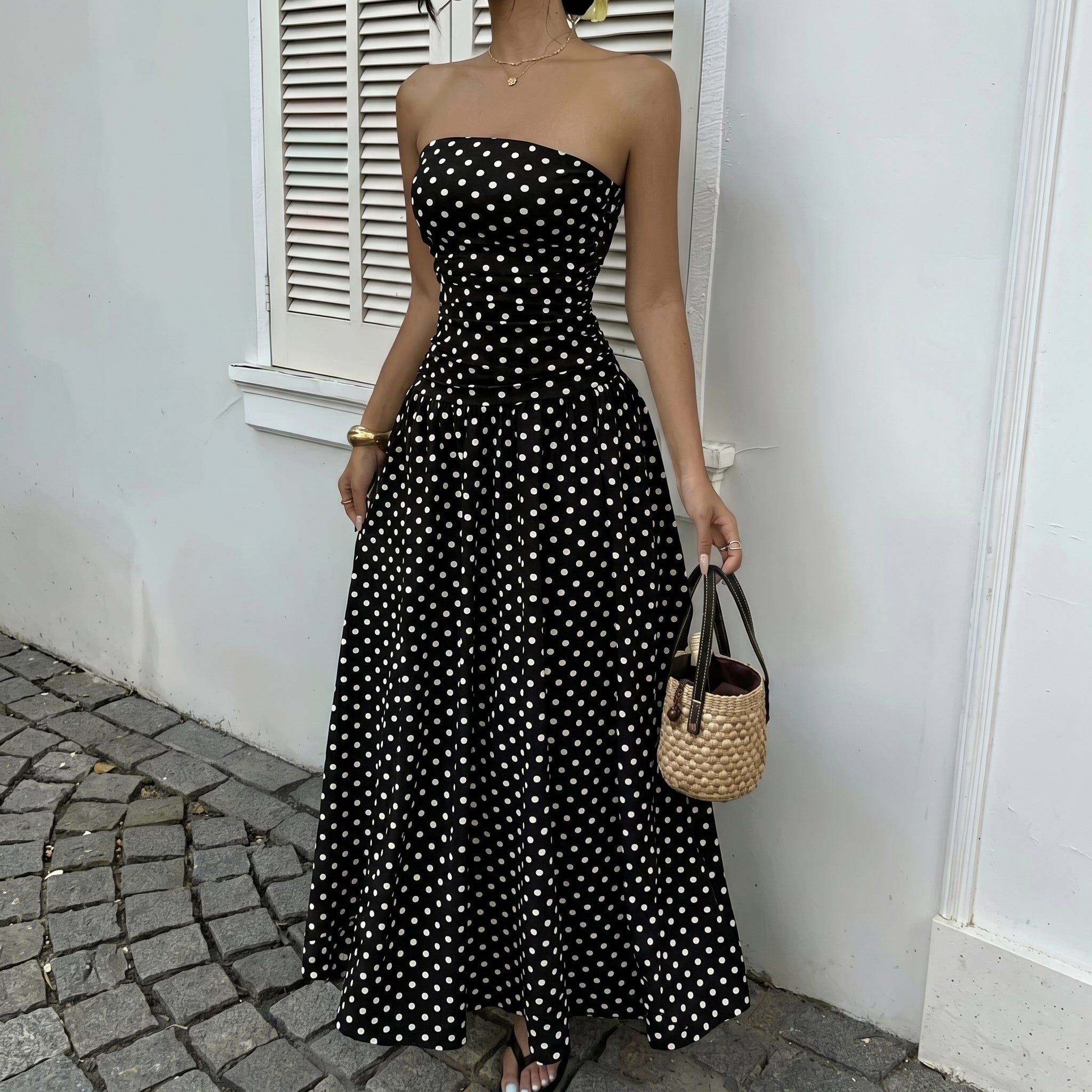 Lorelei - Women's Summer Polka Dot Strapless Maxi Dress - Dresses - Black - Davies & Cooper