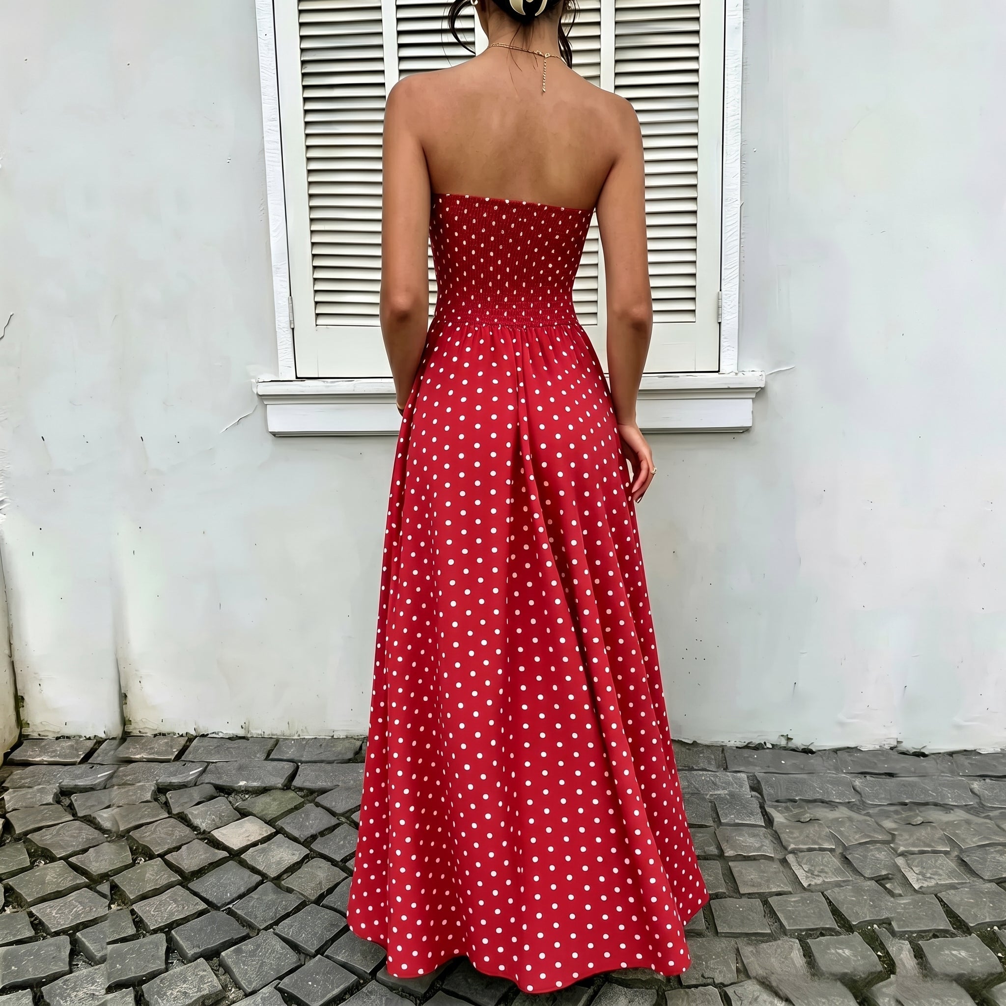 Lorelei - Women's Summer Polka Dot Strapless Maxi Dress - Dresses - Red - Davies & Cooper
