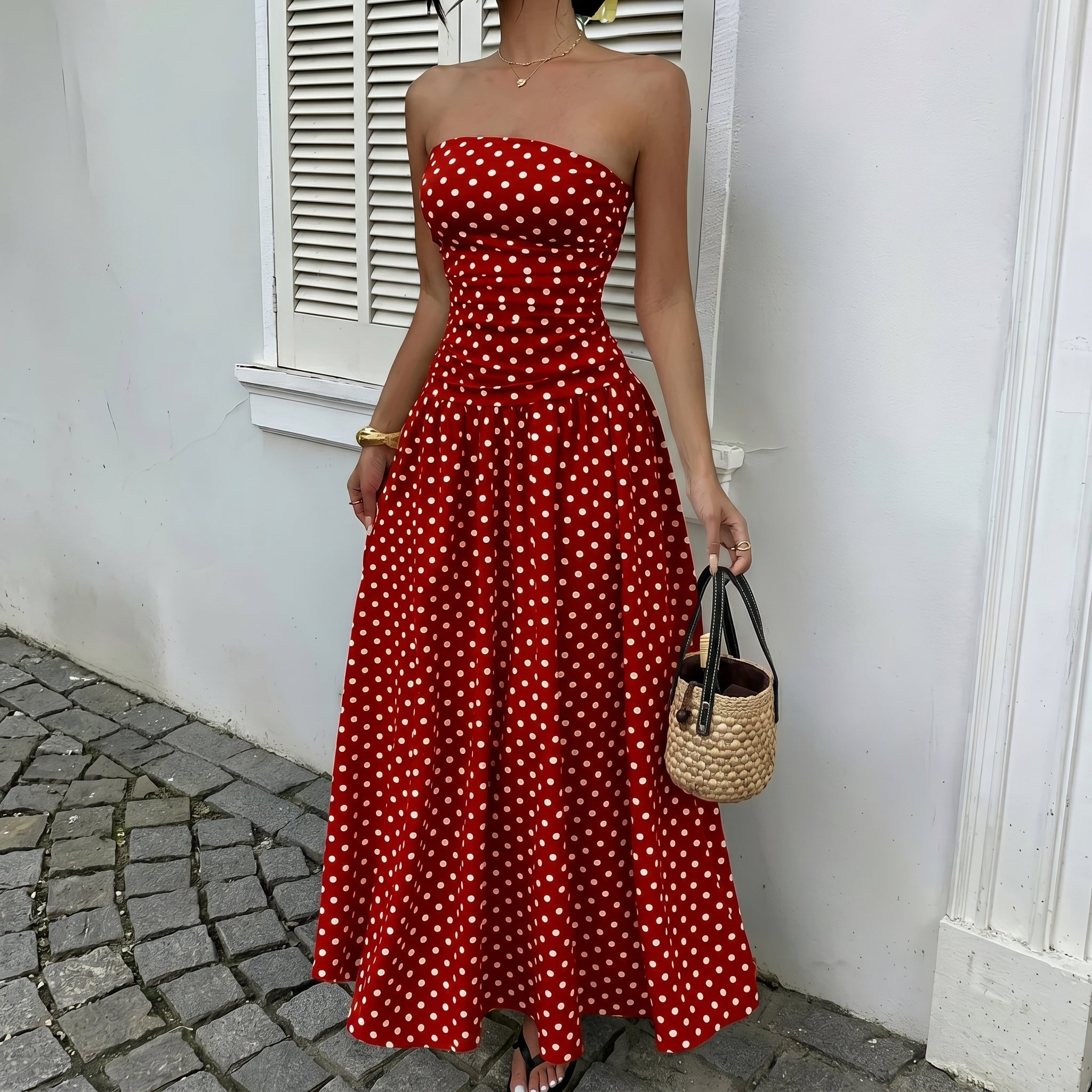 Lorelei - Women's Summer Polka Dot Strapless Maxi Dress - Dresses - Red - Davies & Cooper